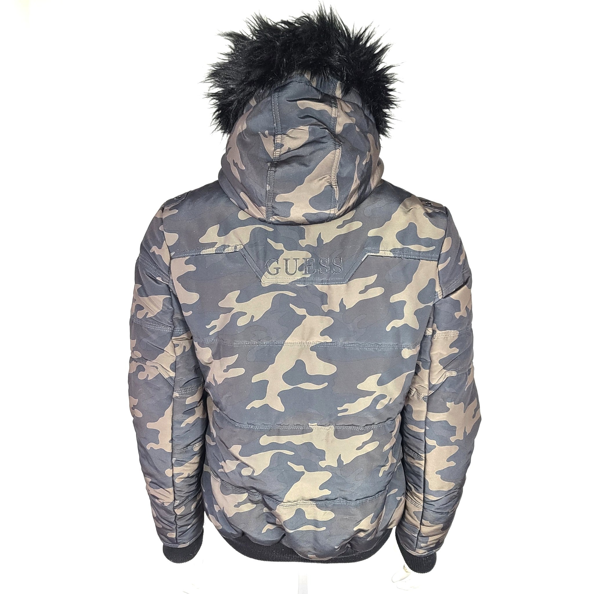 Guess Men's Dustin Puffer Jacket Parka Coat Hooded Fur Trim Camouflage Green S