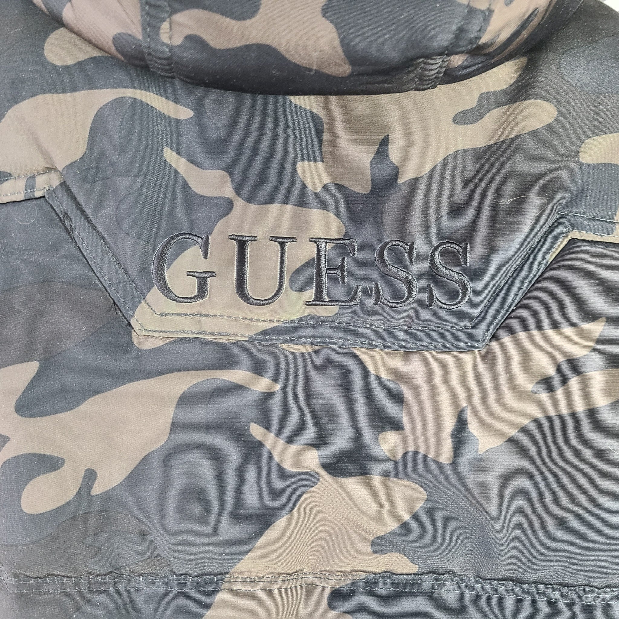 Guess Men's Dustin Puffer Jacket Parka Coat Hooded Fur Trim Camouflage Green S