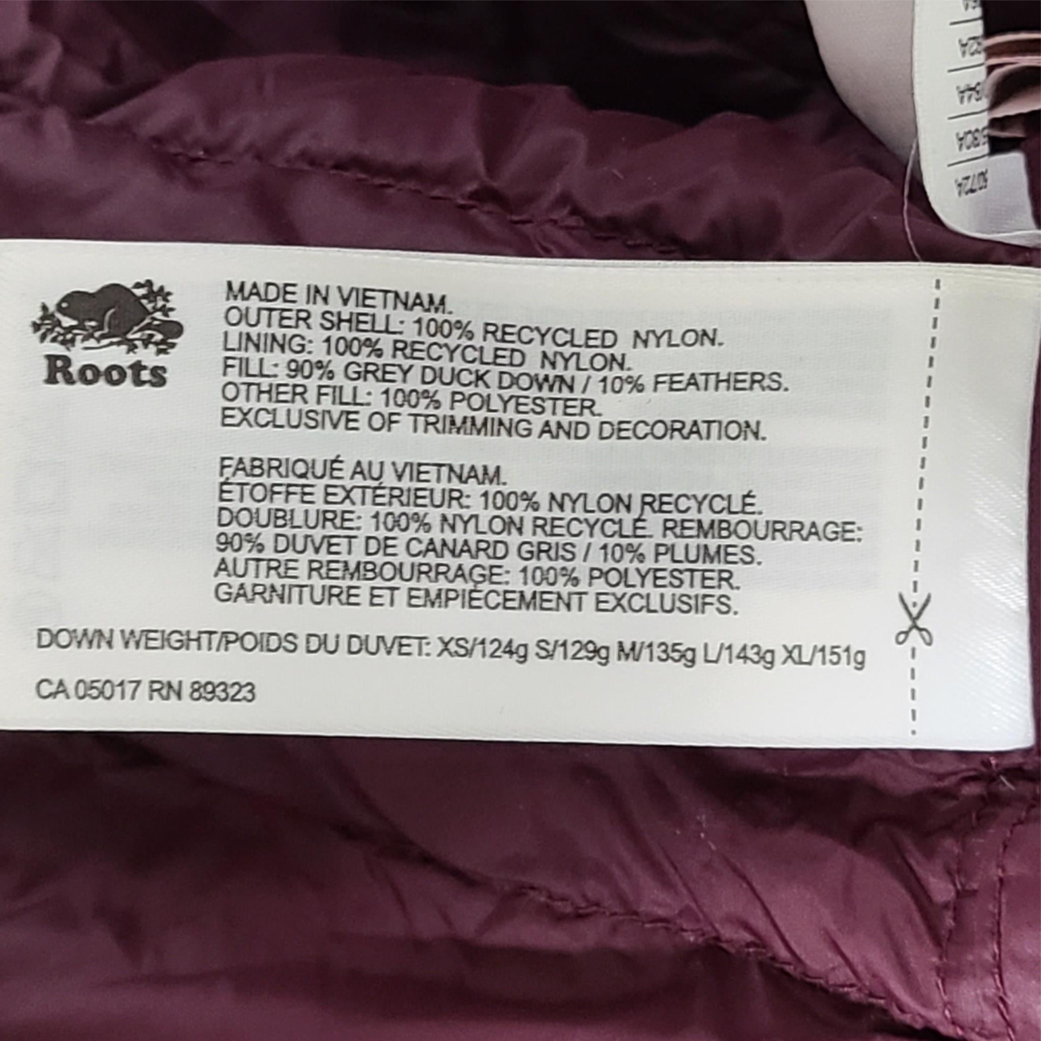 Roots Women's Packable Water Resistant Down Jacket Full Zip Nylon Burgundy Sz M