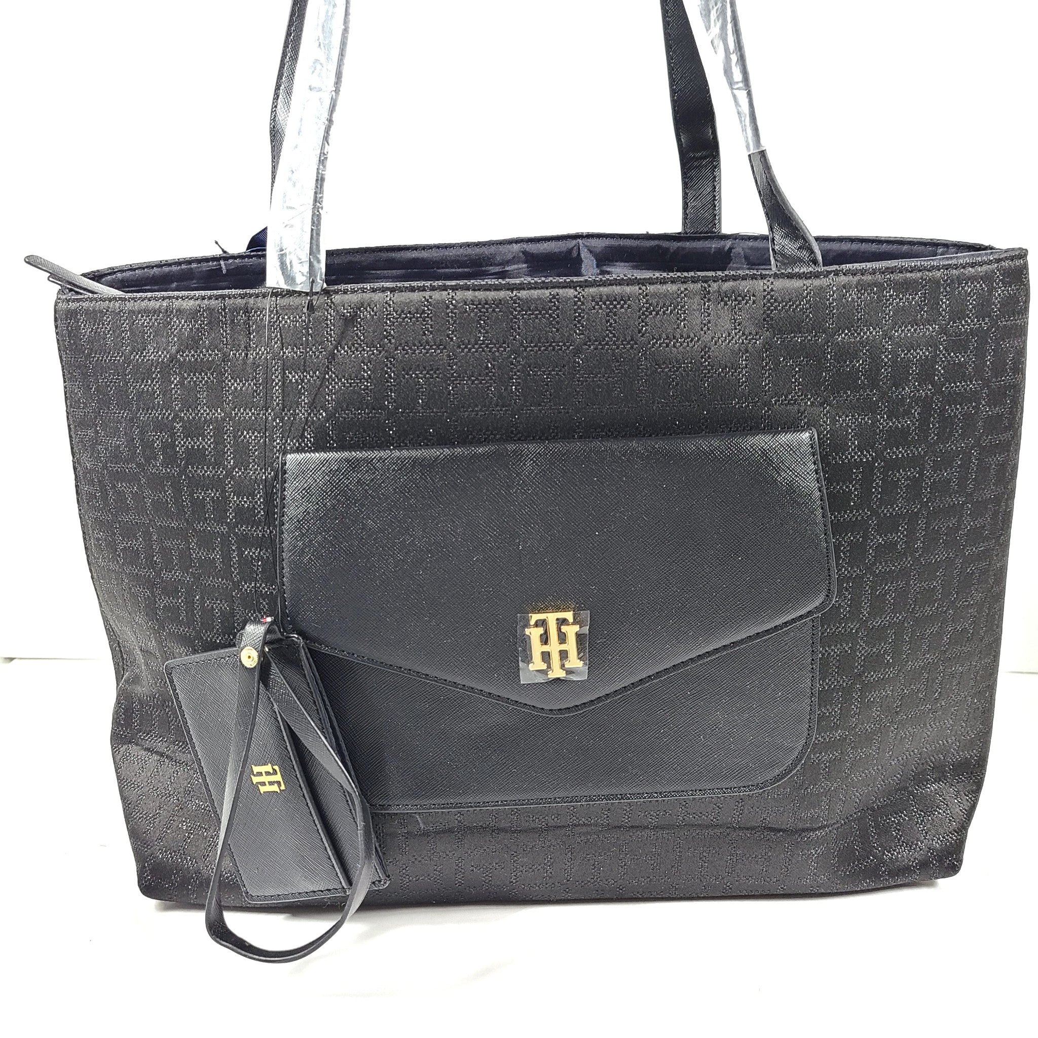 Tommy Hilfiger Monogram Print Tote with Pouch CC Holder Shoulder Bag Black