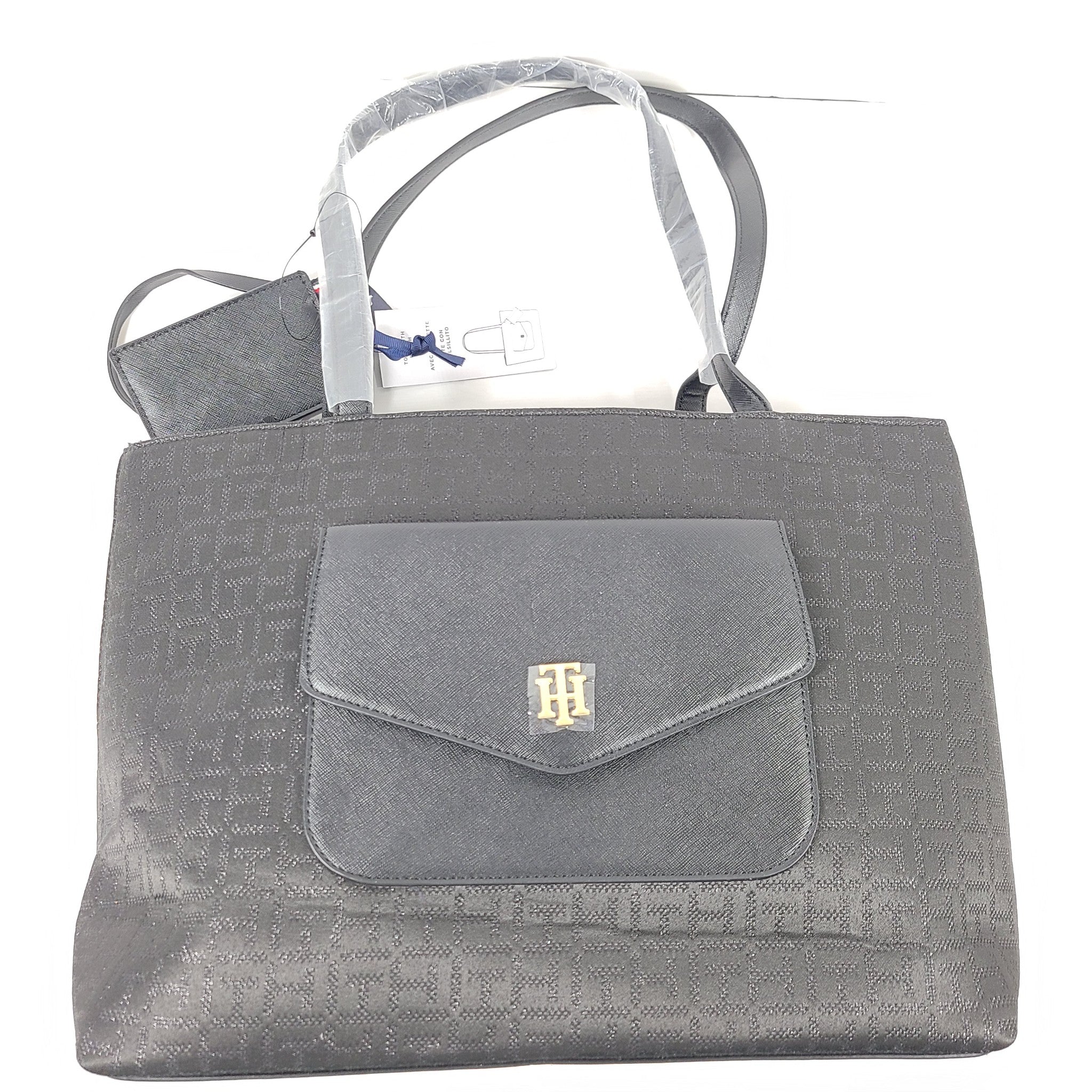 Tommy Hilfiger Monogram Print Tote with Pouch CC Holder Shoulder Bag Black