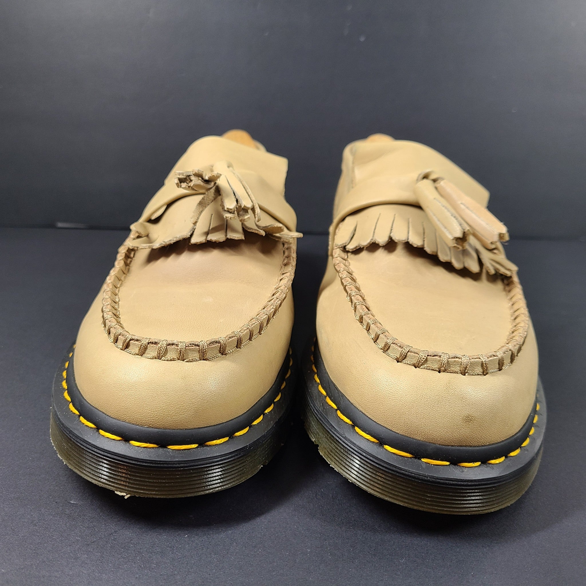 Dr. Martens Adrian Yellow Stitch Leather Tassel Loafers Shoes Beige Taupe Sz 11