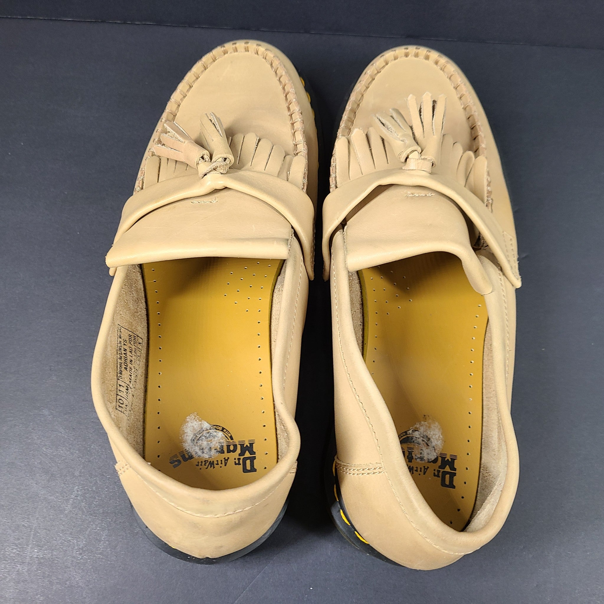 Dr. Martens Adrian Yellow Stitch Leather Tassel Loafers Shoes Beige Taupe Sz 11