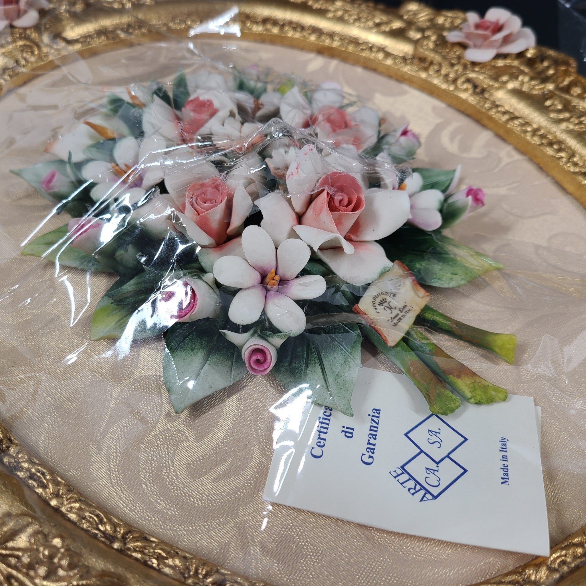 Capodimonte Linea Expo Porcelain Roses Bouquet Painting Gold Frame Italy