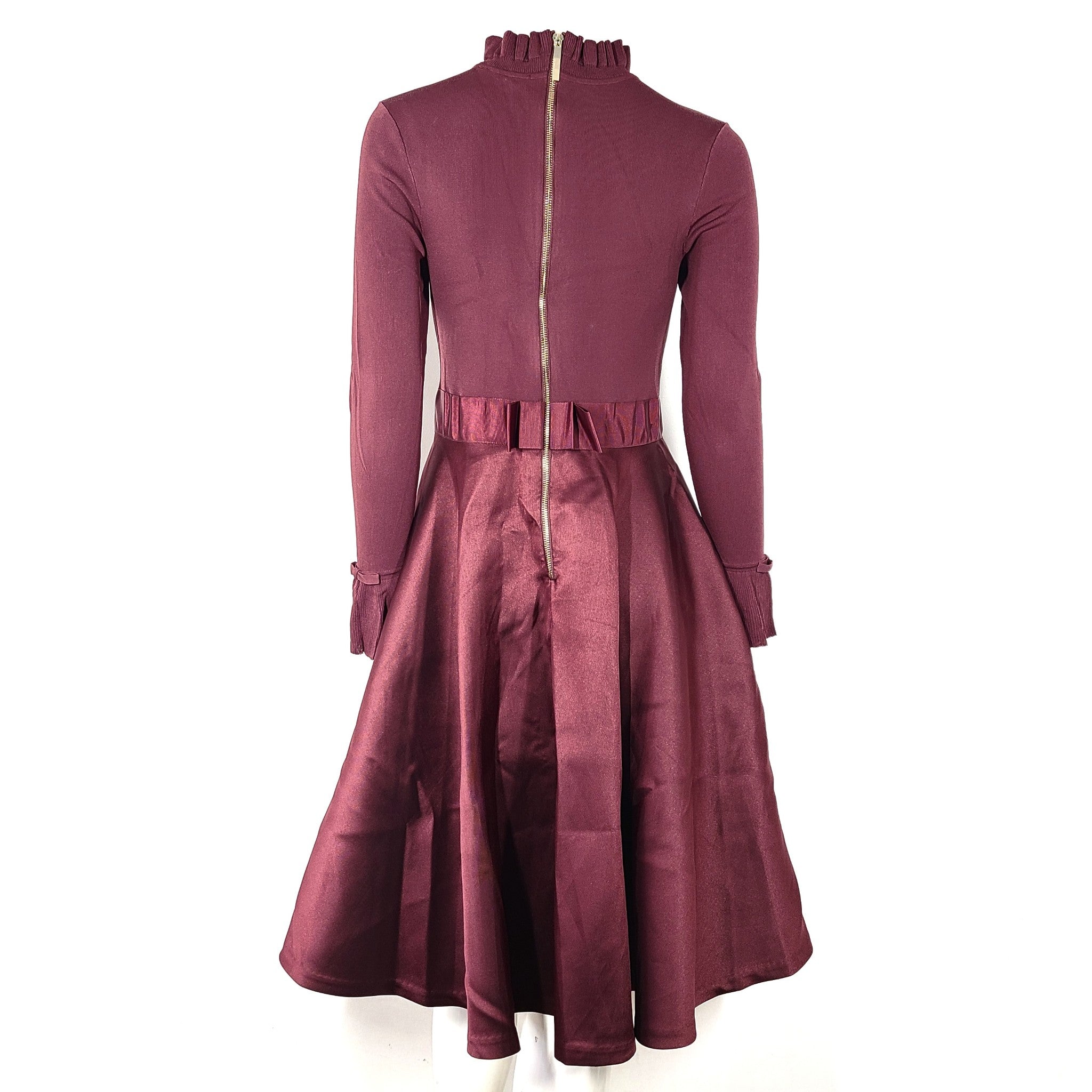 Ted Baker Zadi Cocktail Dress Fit & Flare Frill Neck 258627 Maroon Red Sz M/3