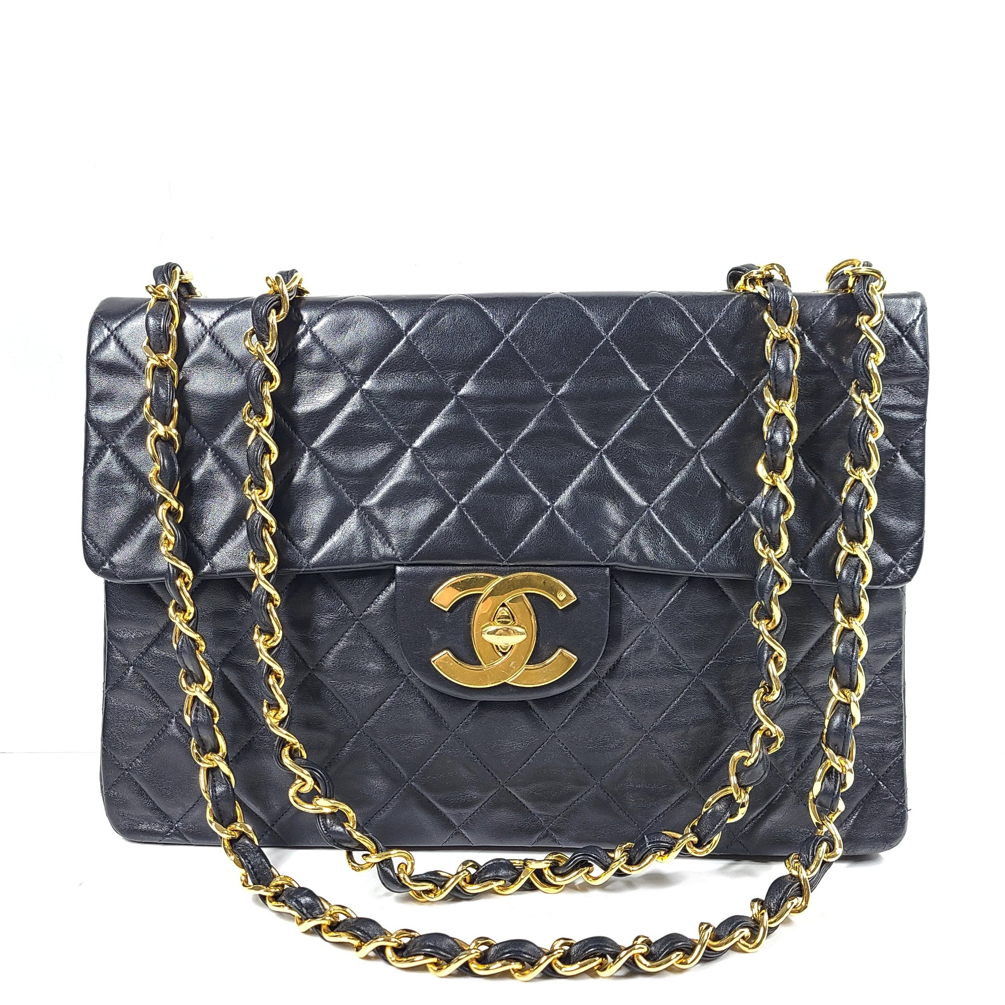 Vintage CHANEL Classic Flap Jumbo XL Handbag Black Lambskin 24K Gold Hardware