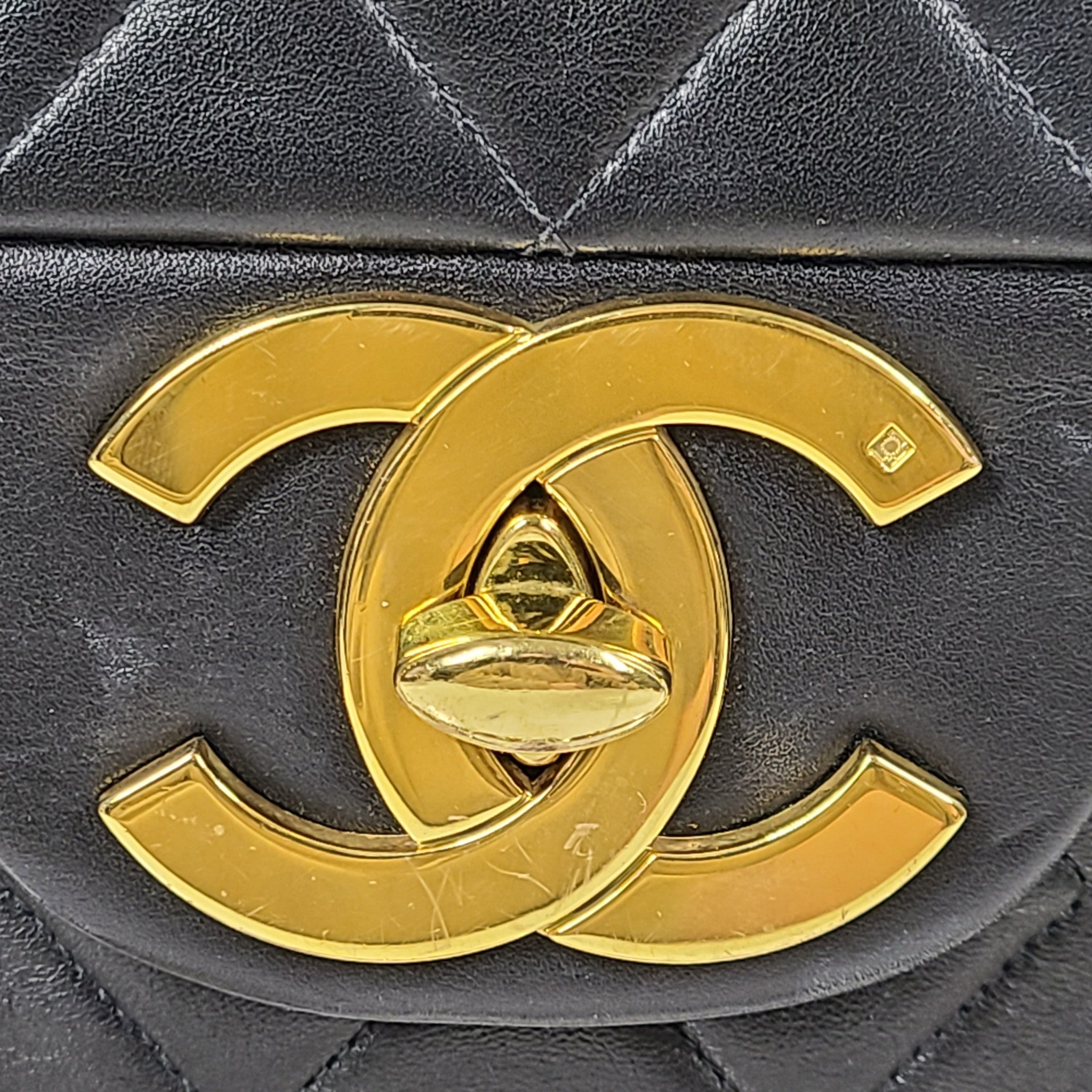 Vintage CHANEL Classic Flap Jumbo XL Handbag Black Lambskin 24K Gold Hardware