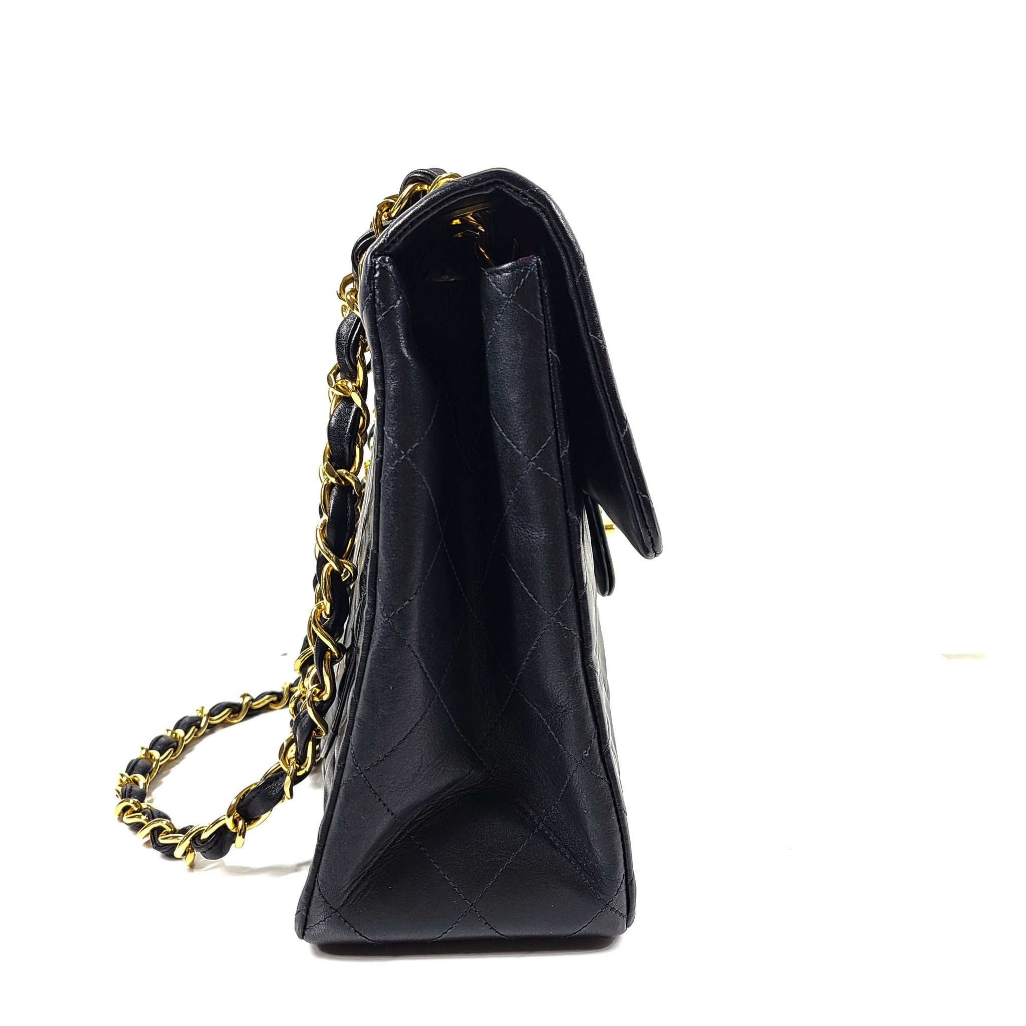 Vintage CHANEL Classic Flap Jumbo XL Handbag Black Lambskin 24K Gold Hardware
