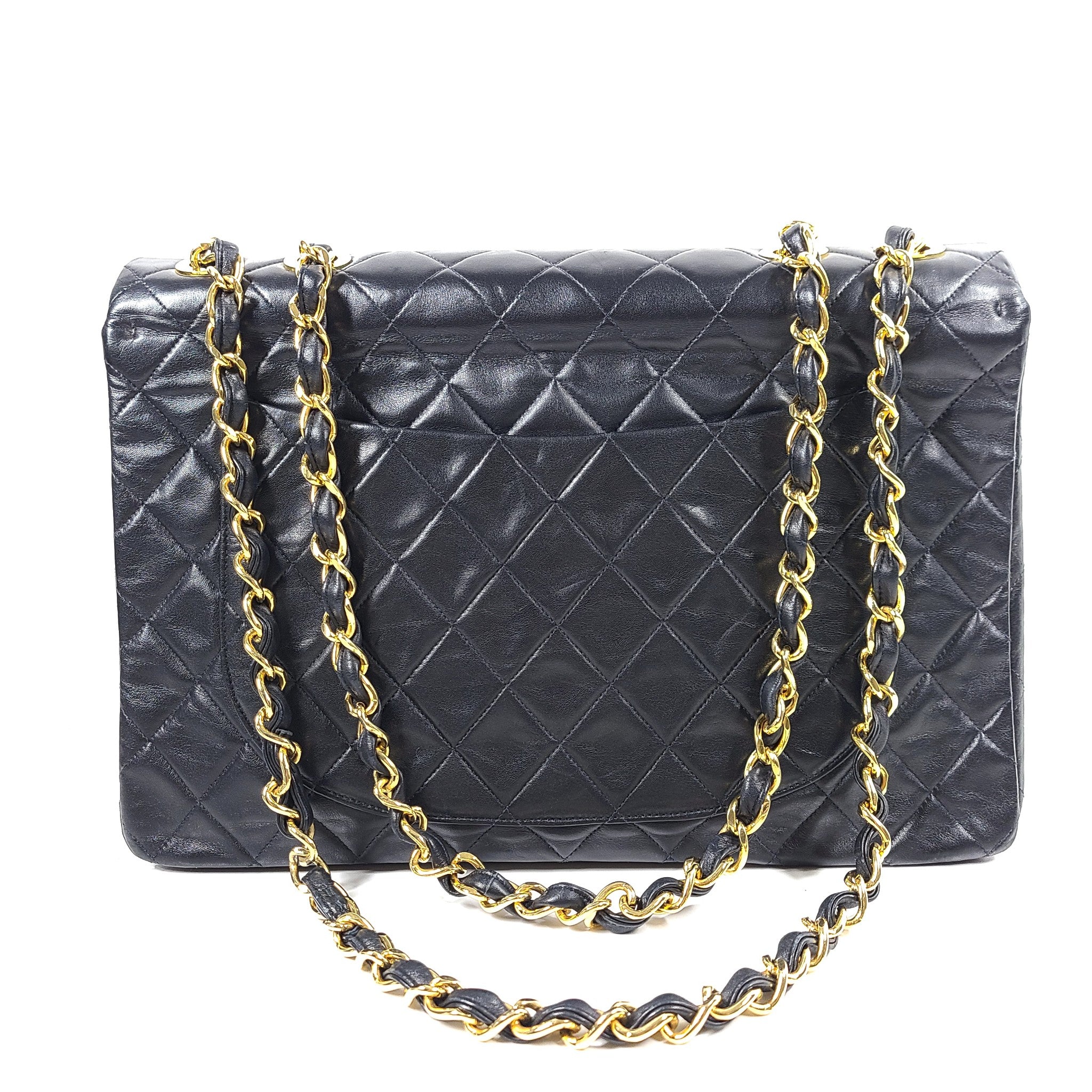 Vintage CHANEL Classic Flap Jumbo XL Handbag Black Lambskin 24K Gold Hardware