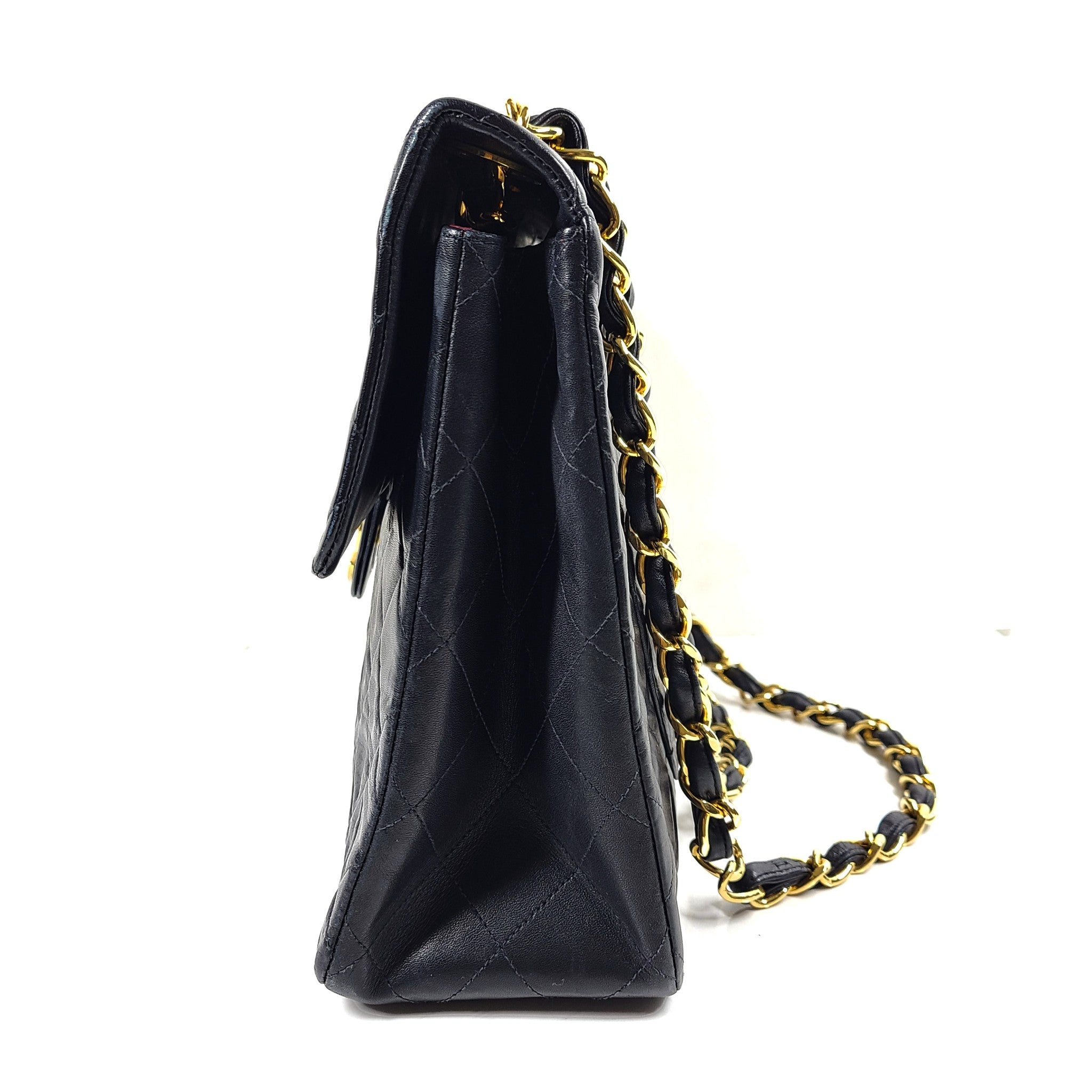 Vintage CHANEL Classic Flap Jumbo XL Handbag Black Lambskin 24K Gold Hardware
