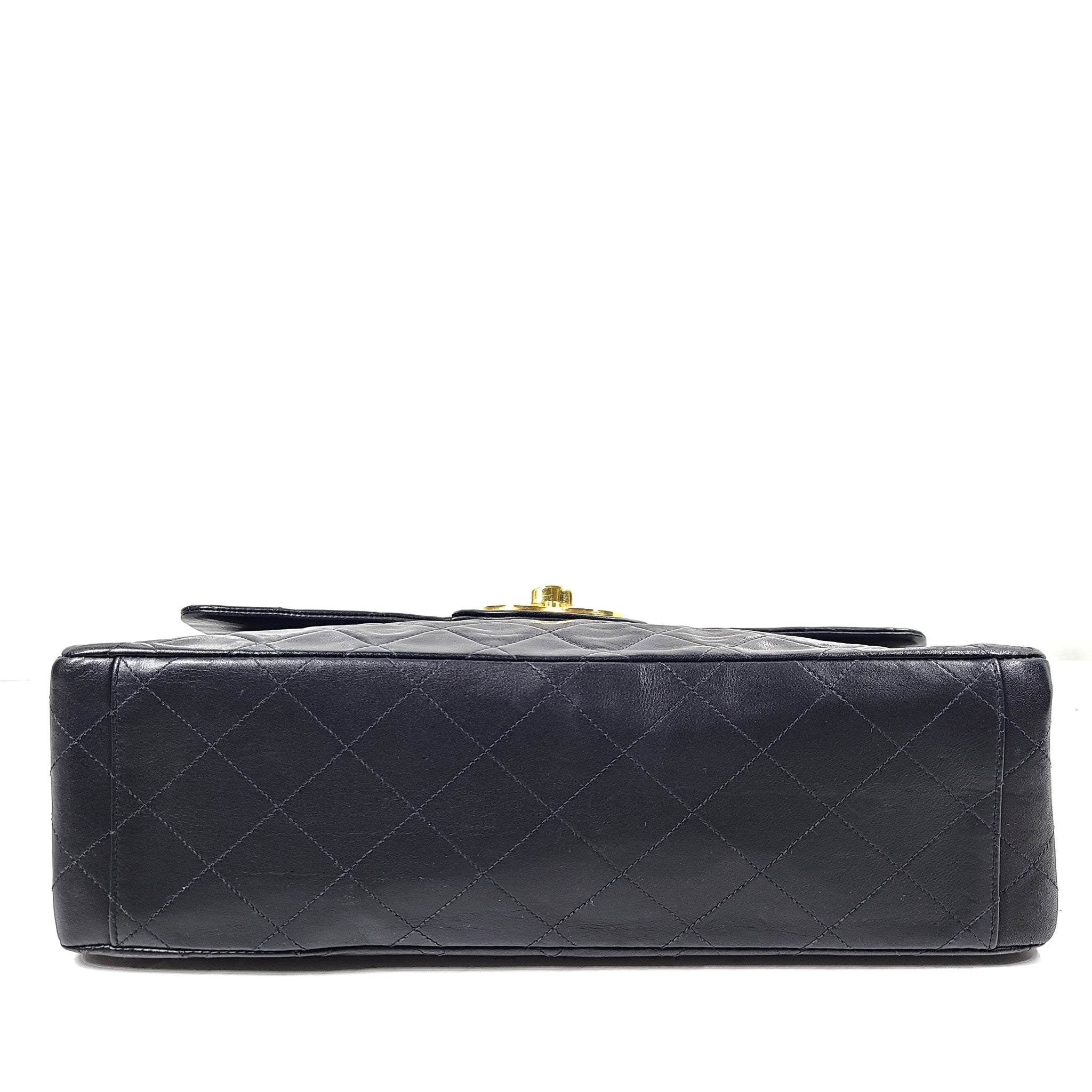 Vintage CHANEL Classic Flap Jumbo XL Handbag Black Lambskin 24K Gold Hardware