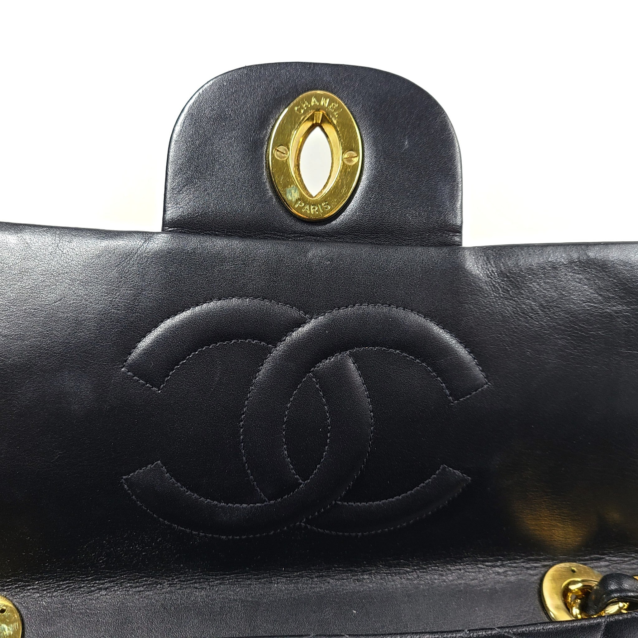 Vintage CHANEL Classic Flap Jumbo XL Handbag Black Lambskin 24K Gold Hardware