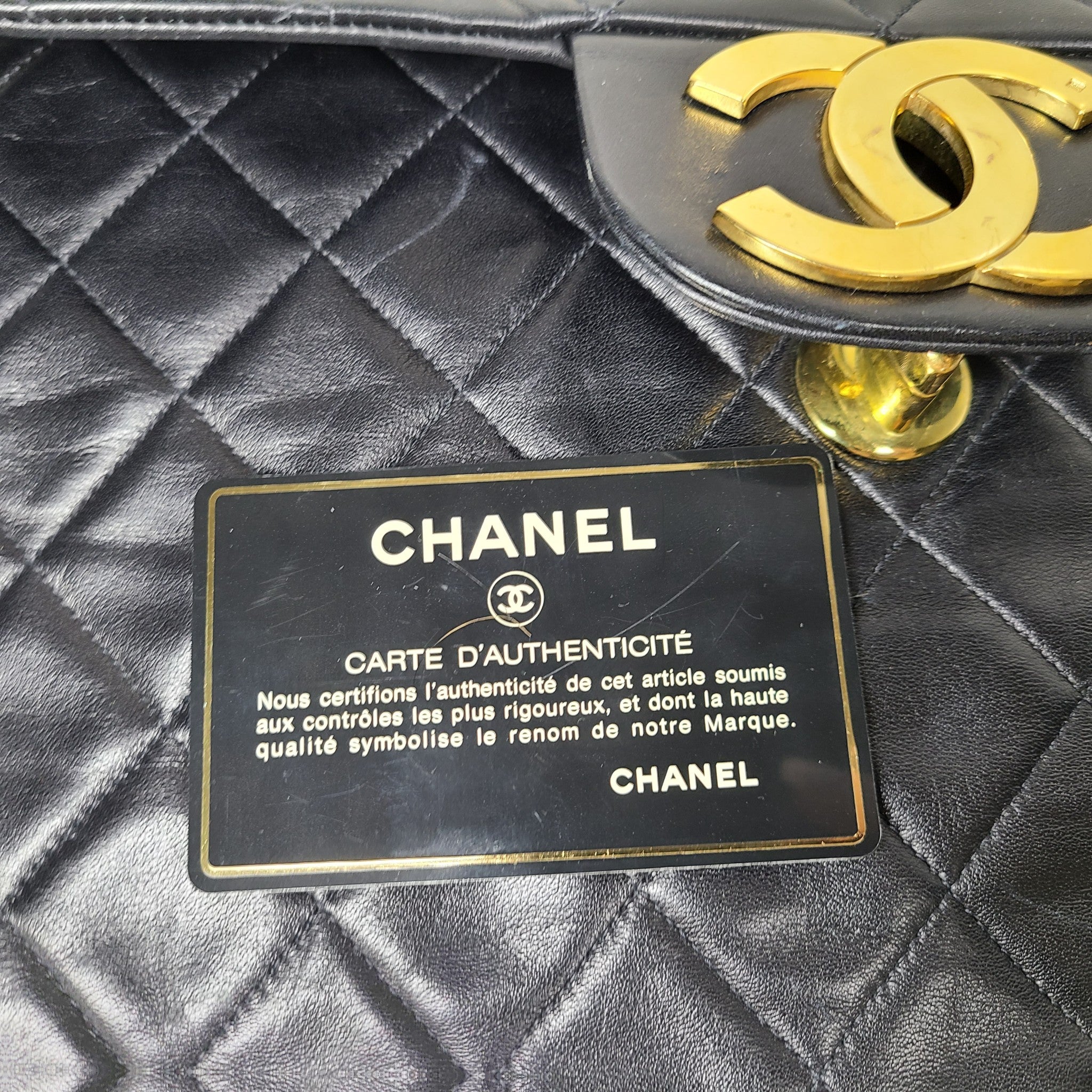Vintage CHANEL Classic Flap Jumbo XL Handbag Black Lambskin 24K Gold Hardware