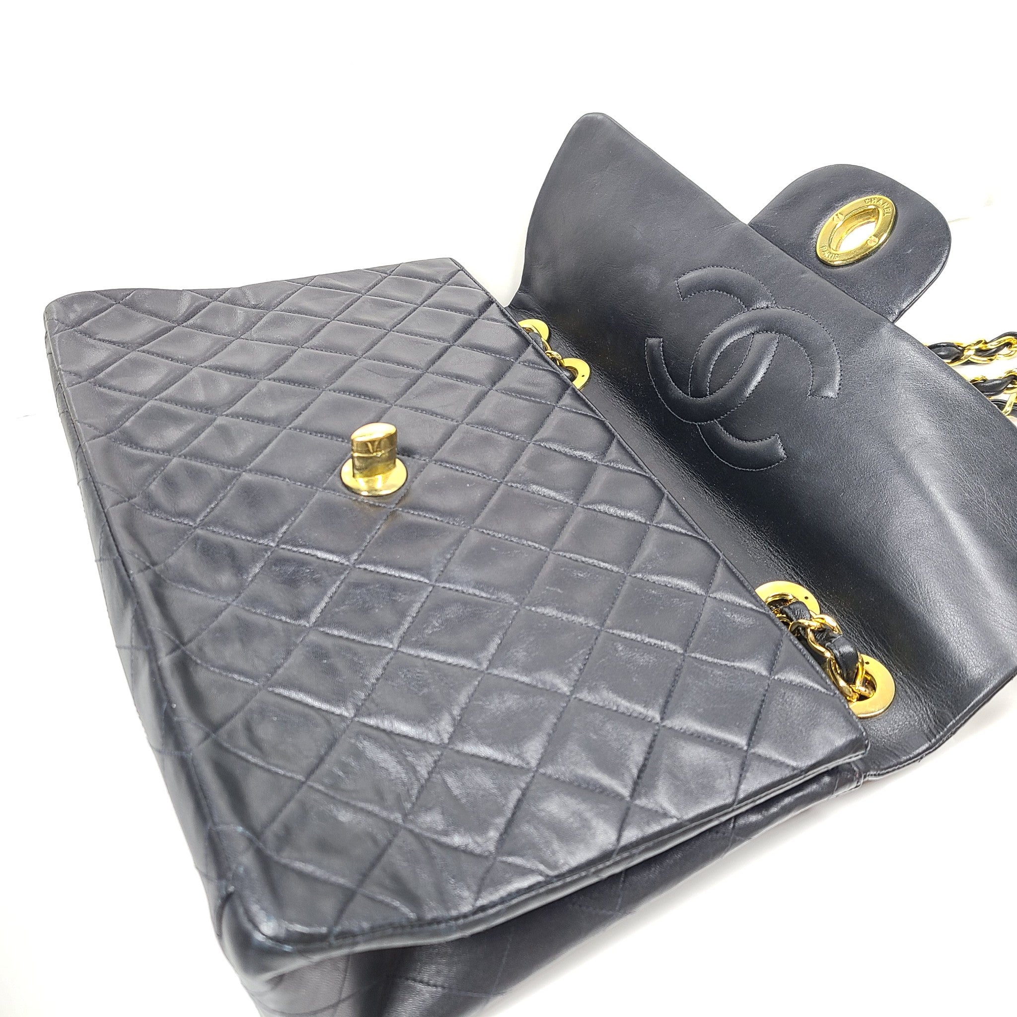 Vintage CHANEL Classic Flap Jumbo XL Handbag Black Lambskin 24K Gold Hardware