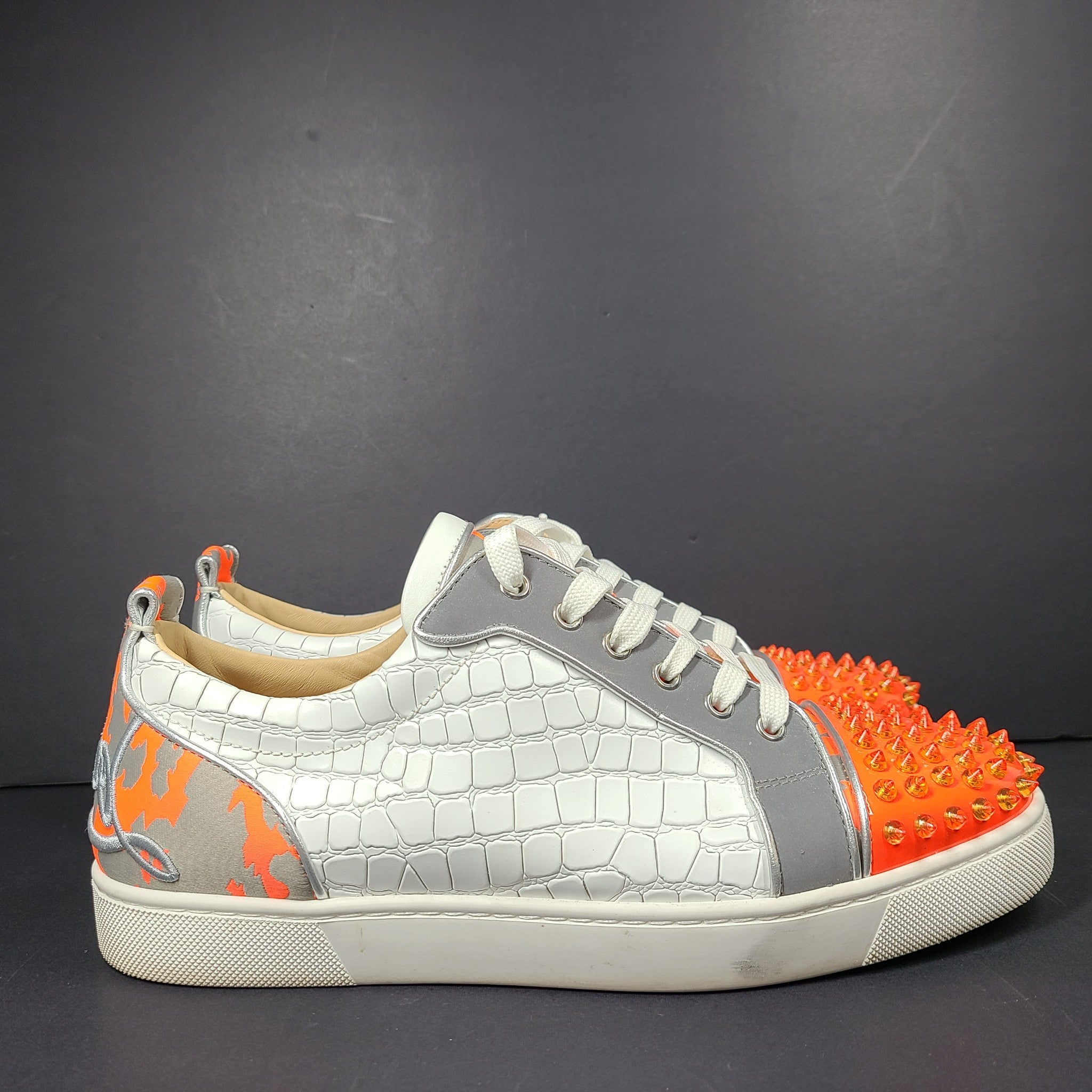 Louboutin Men's Fun Louis Junior Spike Moc-Croc Sneakers White Orange US 9.5