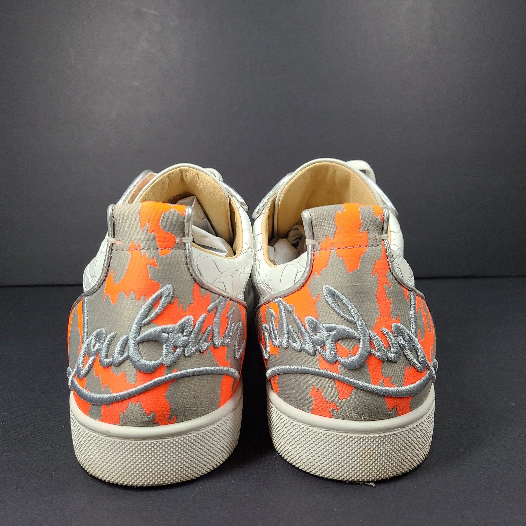 Louboutin Men's Fun Louis Junior Spike Moc-Croc Sneakers White Orange US 9.5