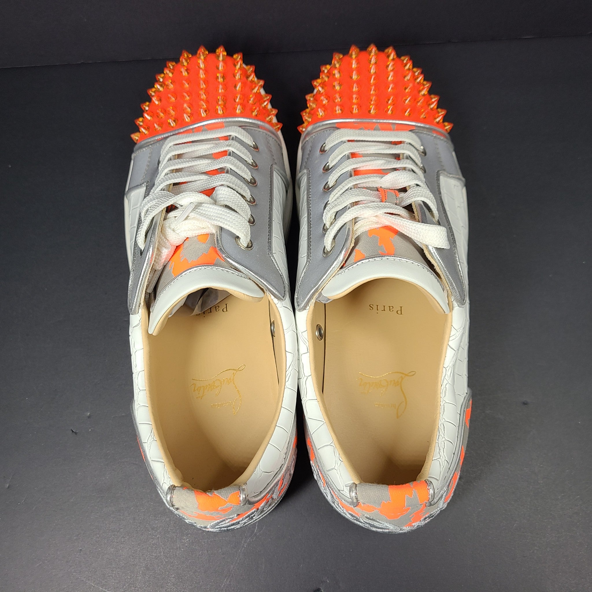Louboutin Men's Fun Louis Junior Spike Moc-Croc Sneakers White Orange US 9.5