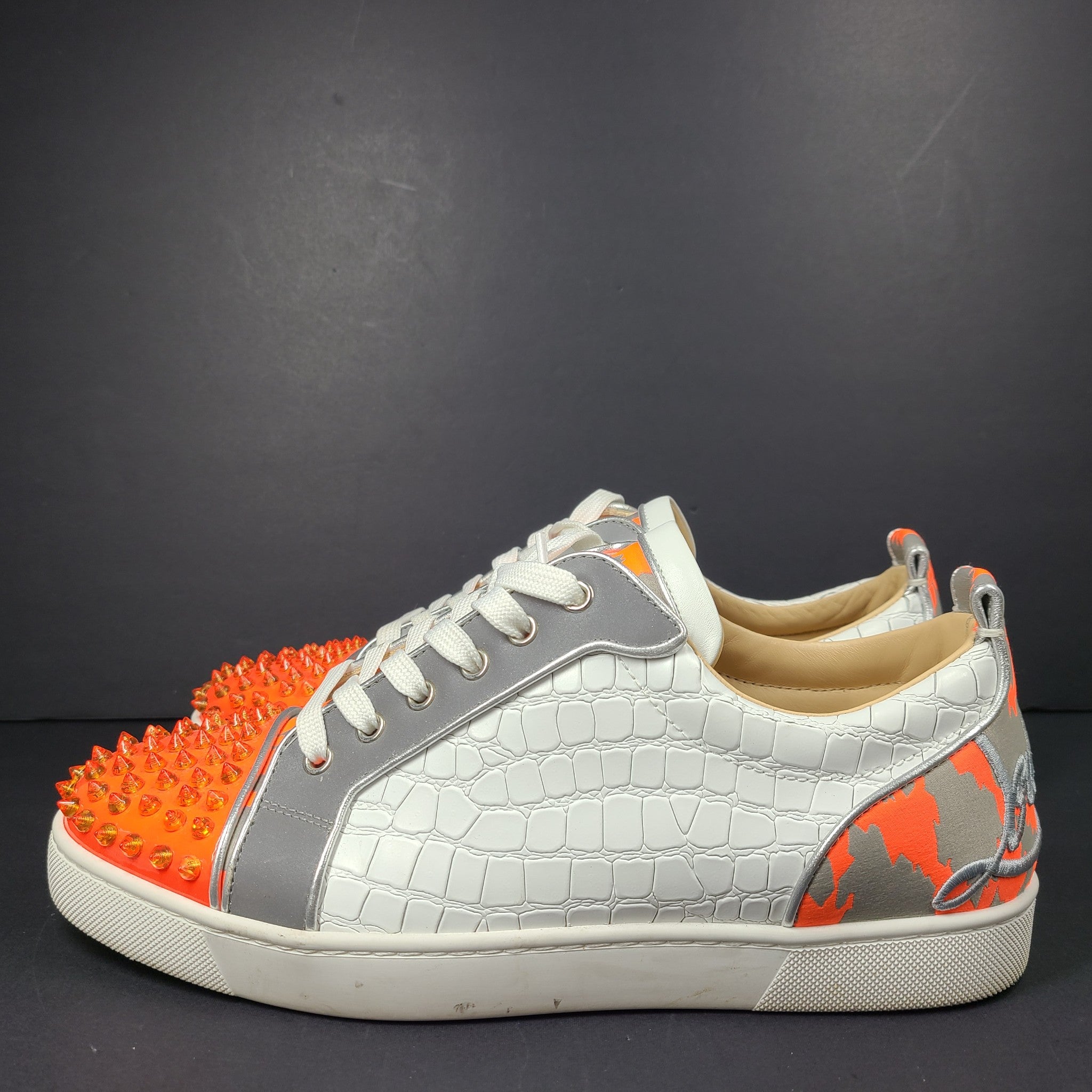 Louboutin Men's Fun Louis Junior Spike Moc-Croc Sneakers White Orange US 9.5