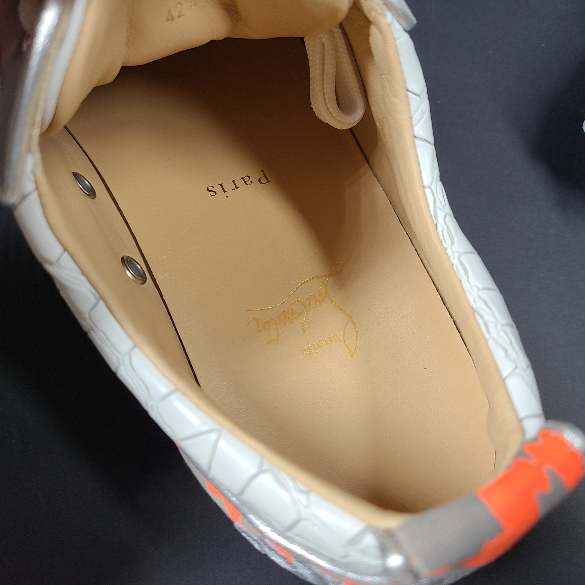 Louboutin Men's Fun Louis Junior Spike Moc-Croc Sneakers White Orange US 9.5