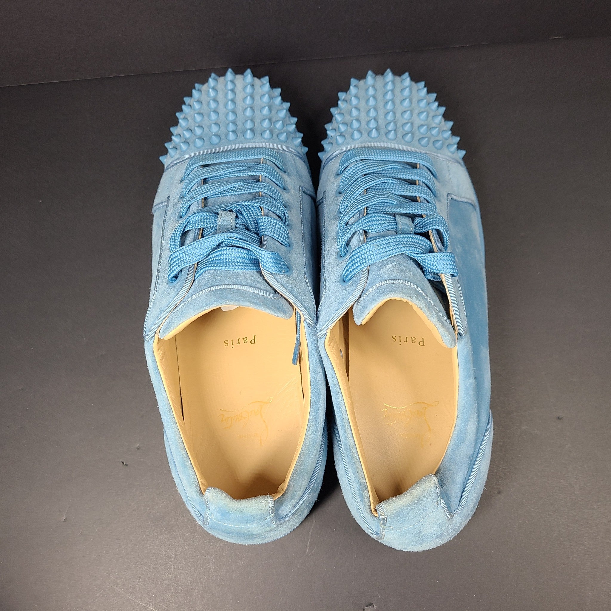 Christian Louboutin Louis Junior Spikes Sneakers Veau Velours Shoes Blue US 9.5