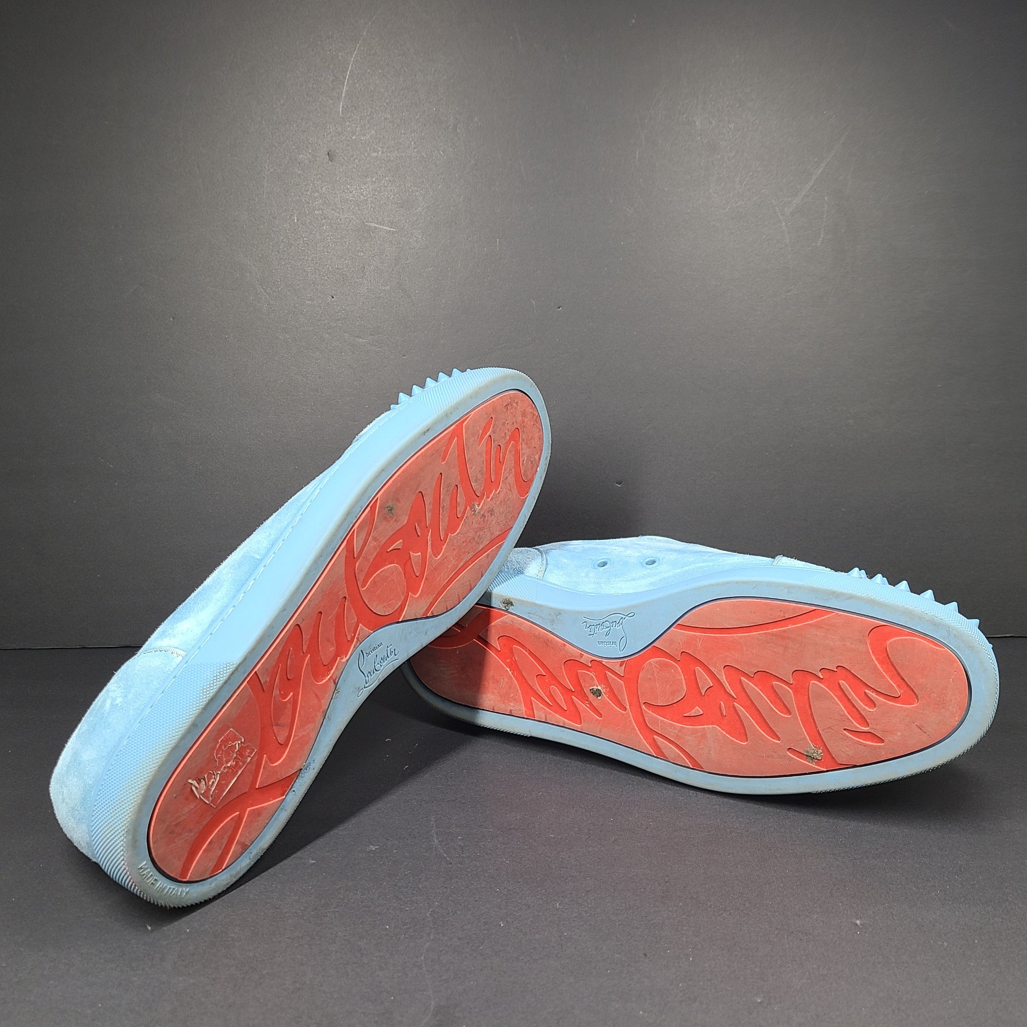 Christian Louboutin Louis Junior Spikes Sneakers Veau Velours Shoes Blue US 9.5