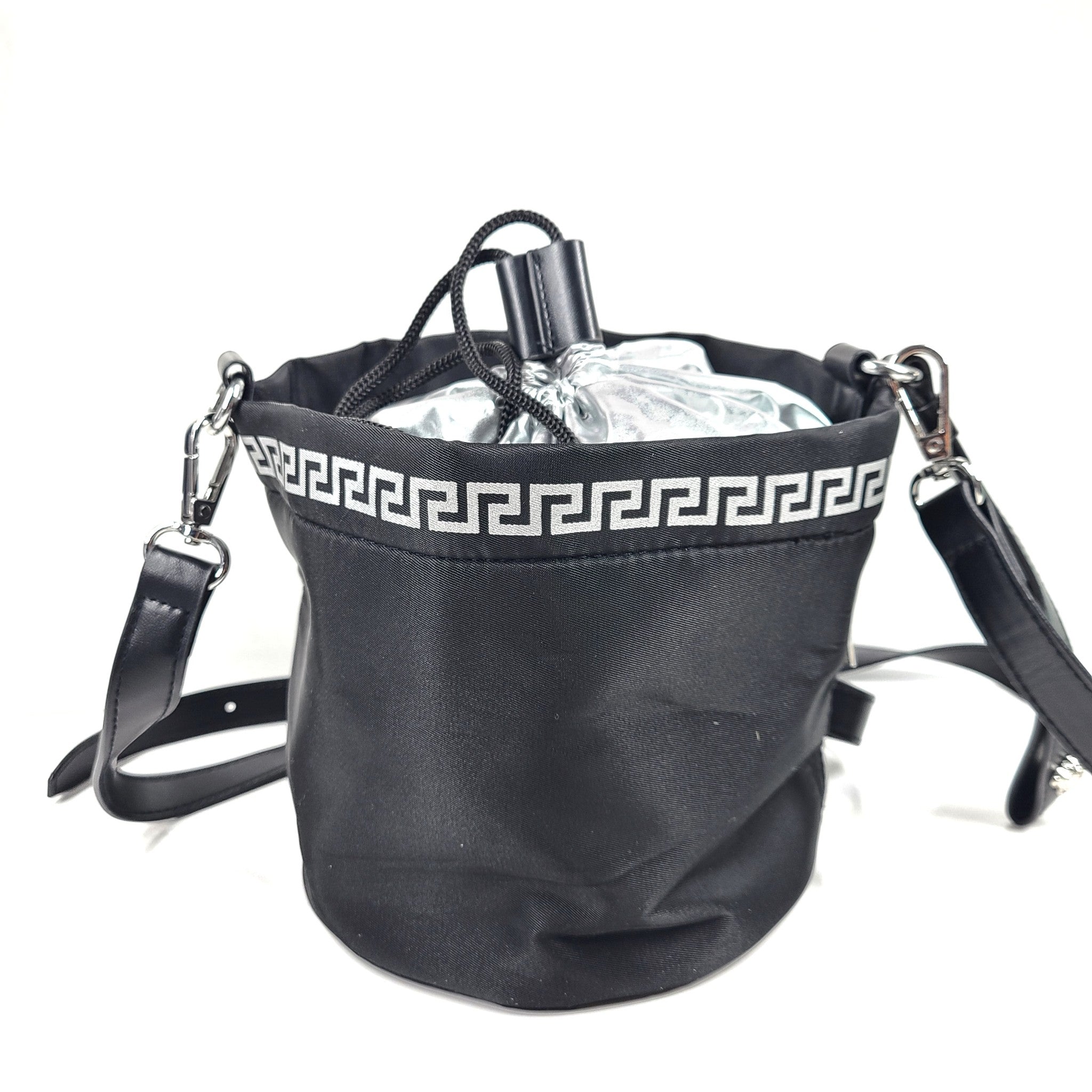 Versace Parfums Crossbody Wristlet Bucket Bag Black Silver Metallic Nylon