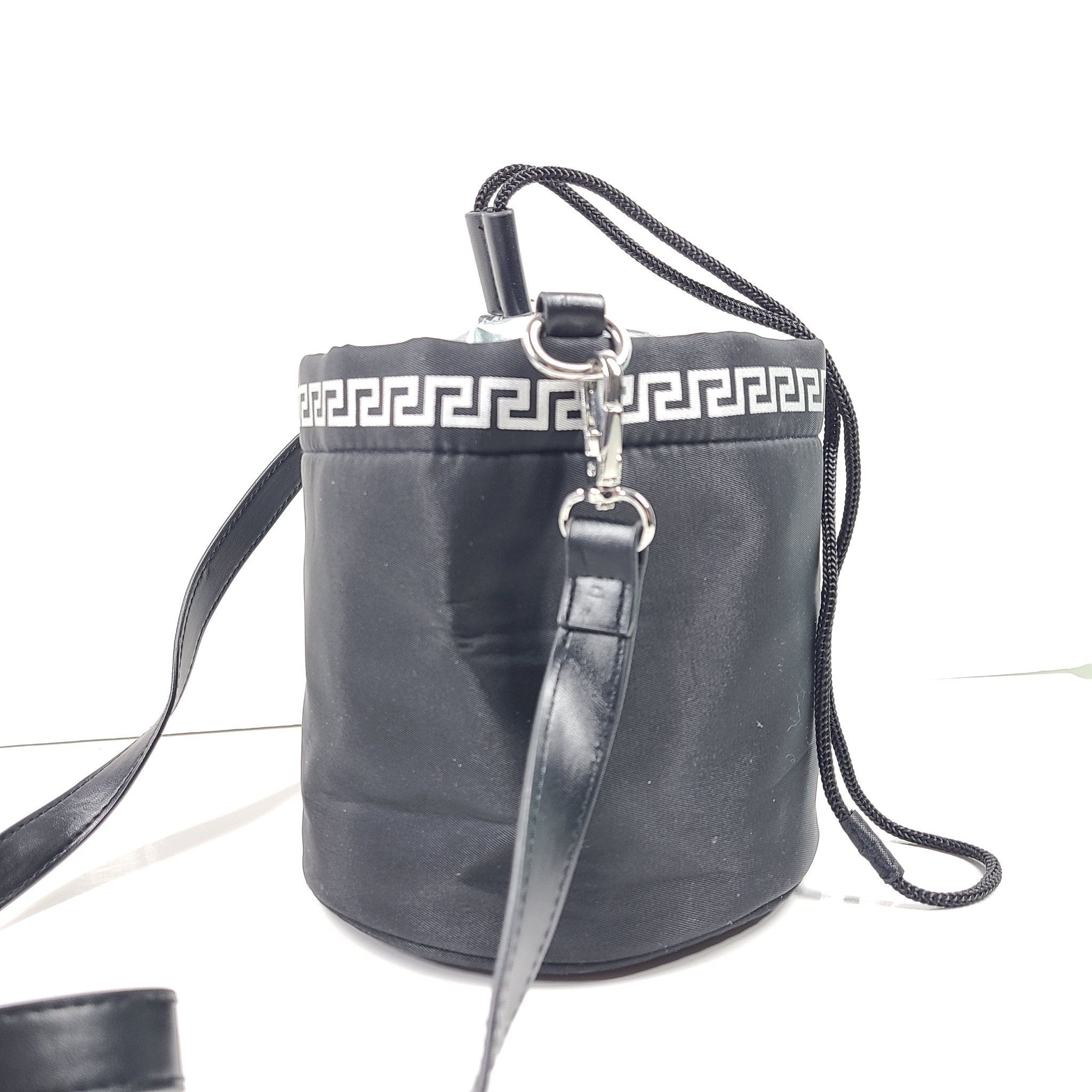 Versace Parfums Crossbody Wristlet Bucket Bag Black Silver Metallic Nylon