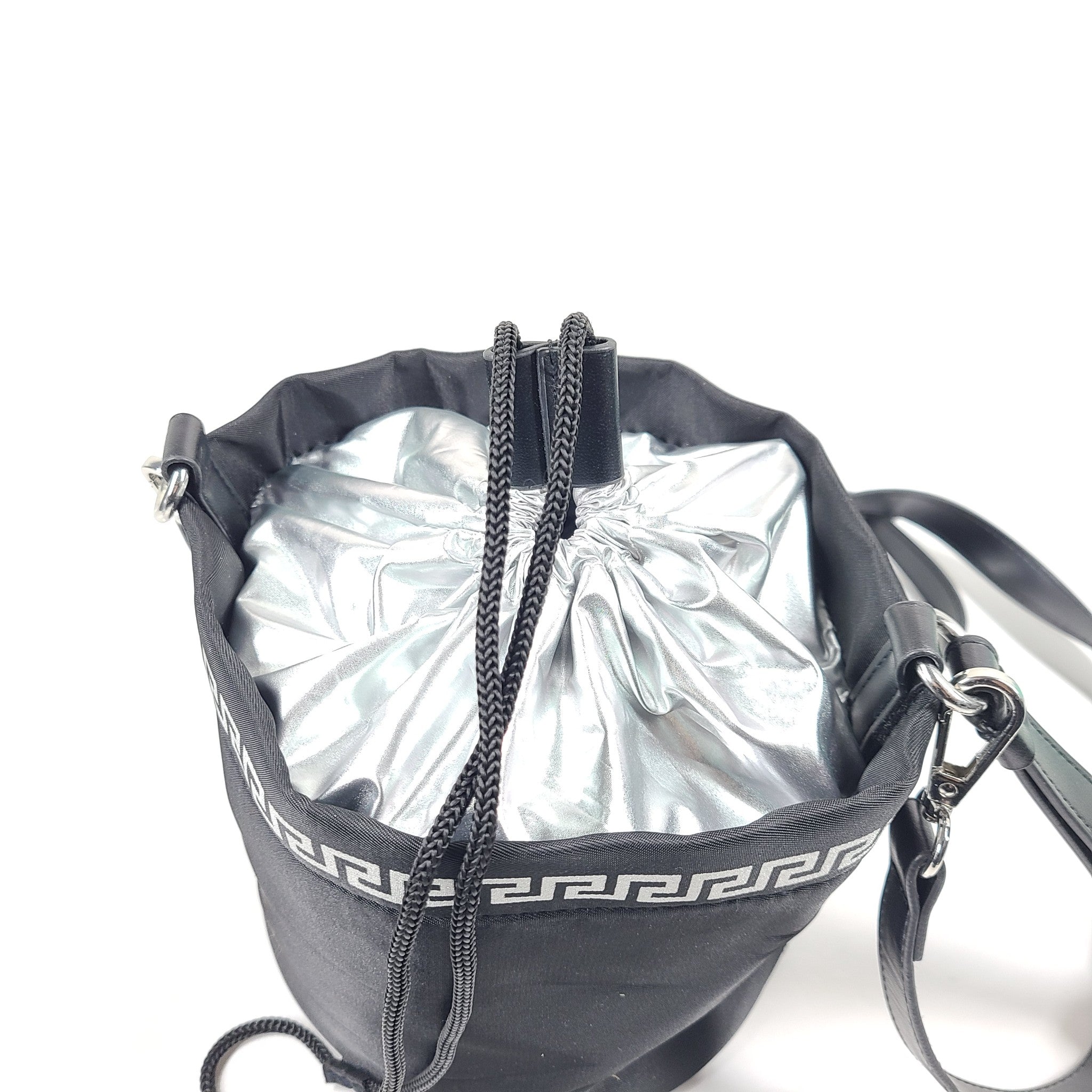 Versace Parfums Crossbody Wristlet Bucket Bag Black Silver Metallic Nylon