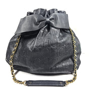 Carolina Herrera CH Monogram Embossed Leather Bow Bucket Shoulder Bag Black