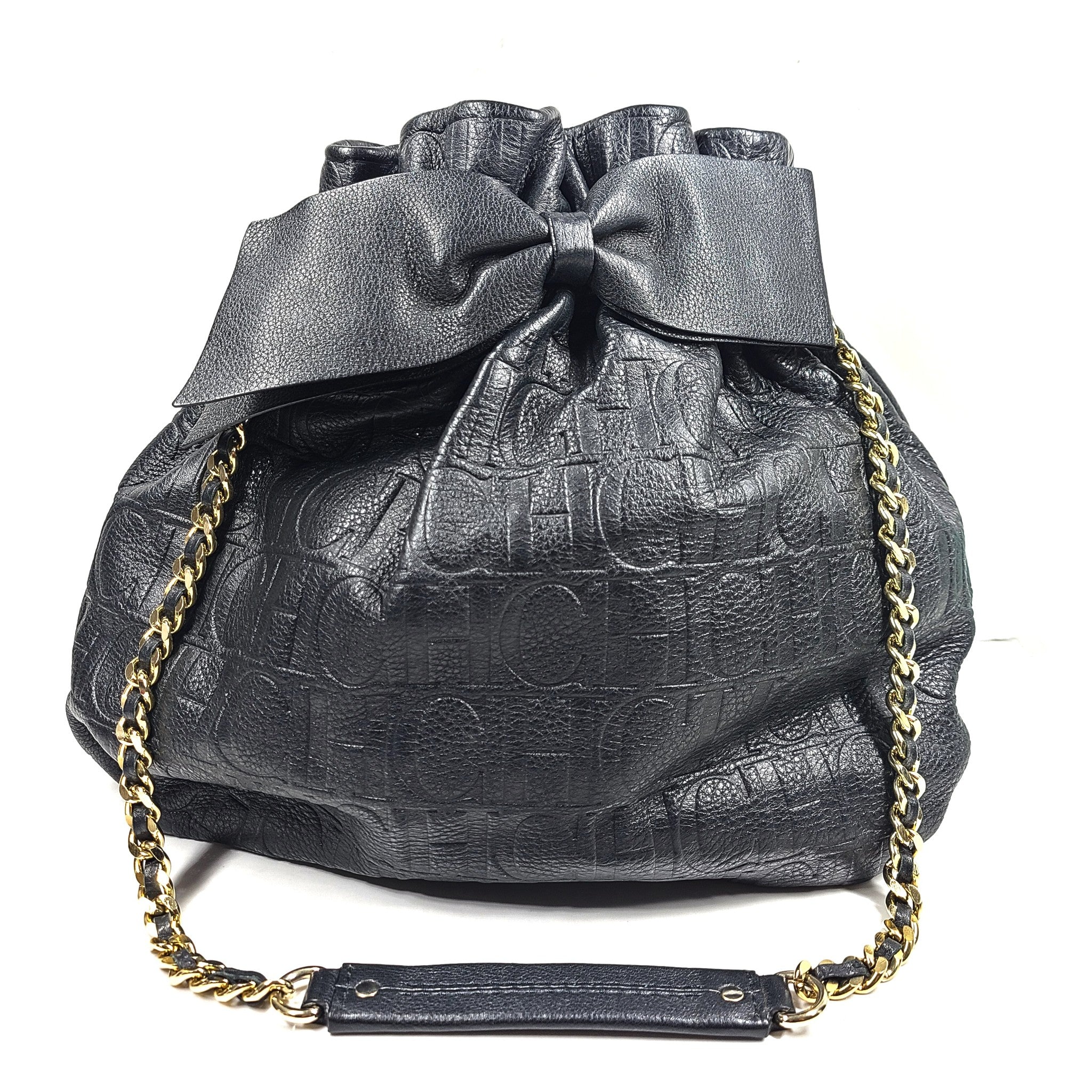 Carolina Herrera CH Monogram Embossed Leather Bow Bucket Shoulder Bag Black