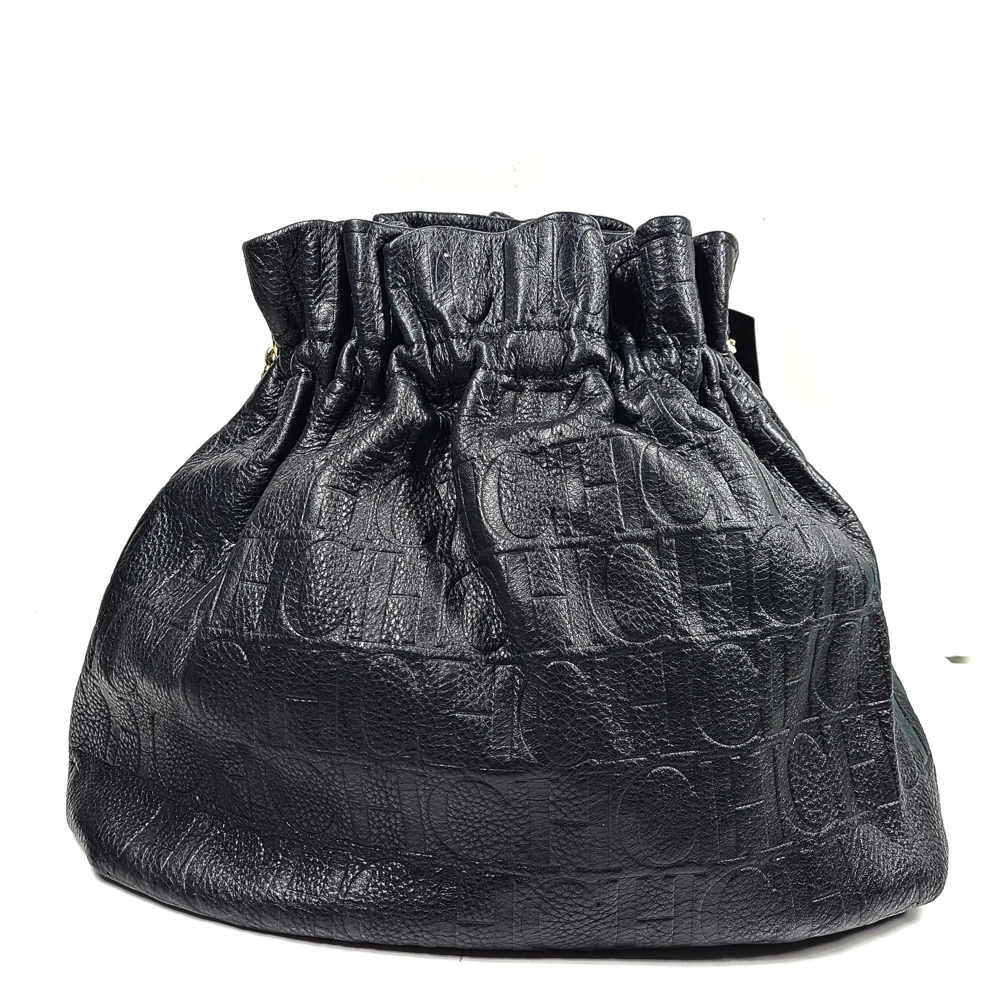 Carolina Herrera CH Monogram Embossed Leather Bow Bucket Shoulder Bag Black