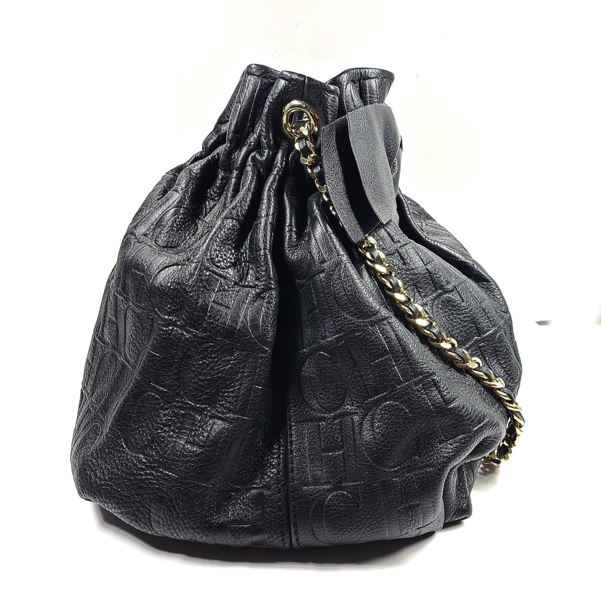 Carolina Herrera CH Monogram Embossed Leather Bow Bucket Shoulder Bag Black