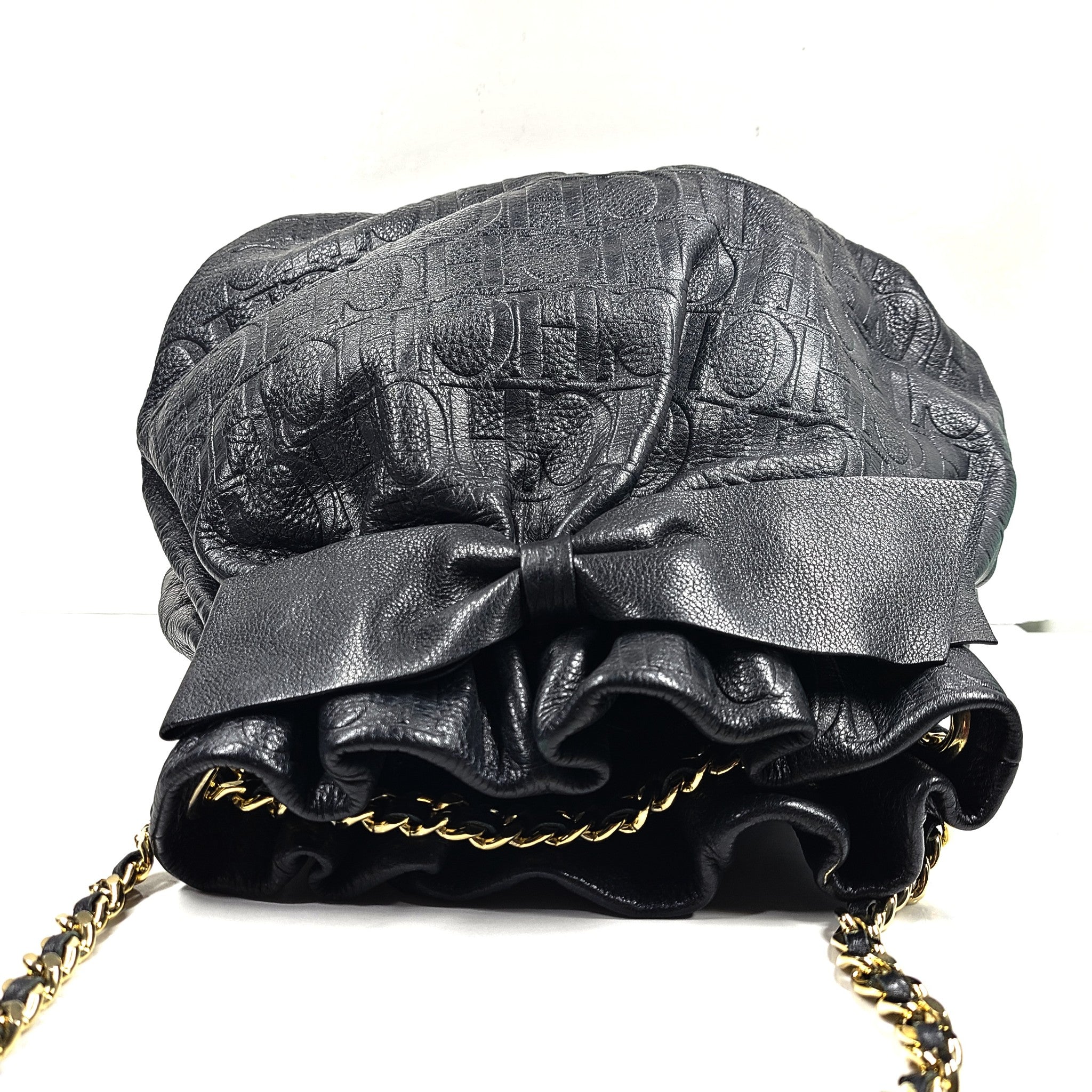 Carolina Herrera CH Monogram Embossed Leather Bow Bucket Shoulder Bag Black