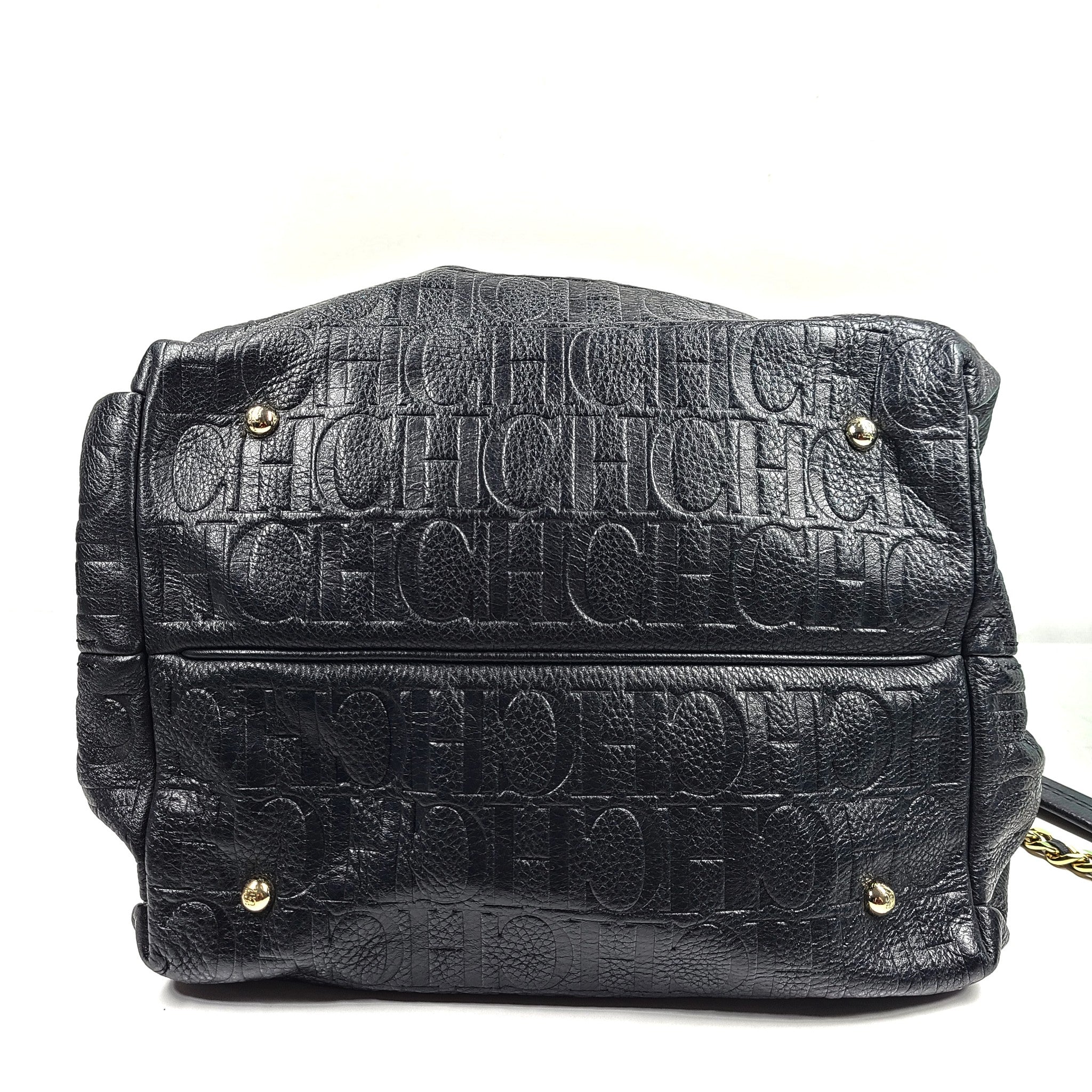 Carolina Herrera CH Monogram Embossed Leather Bow Bucket Shoulder Bag Black