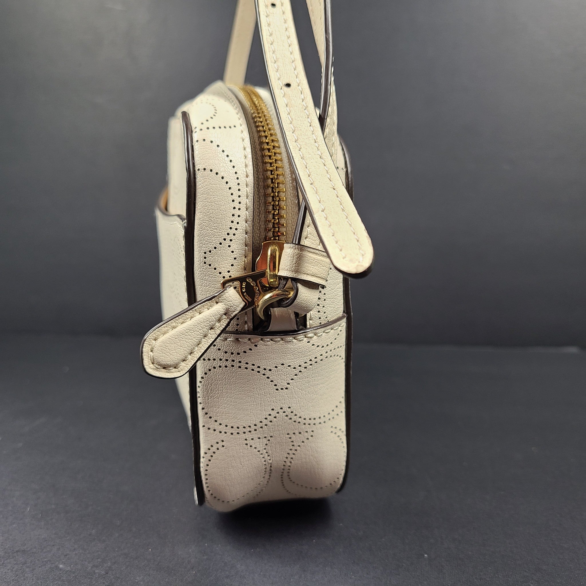 Coach Mini Jamie Camera Bag Leather Perforated Logo Crossbody White