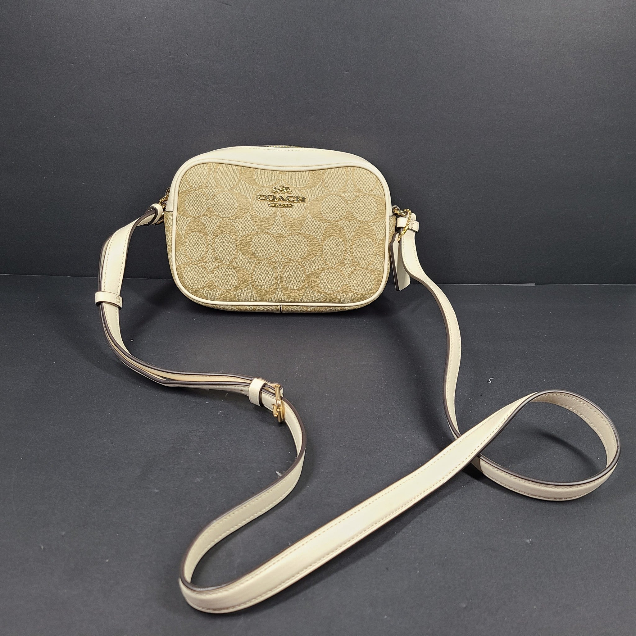 Coach Mini Jamie Camera Bag In Signature Canvas Crossbody Strap Monogram Beige