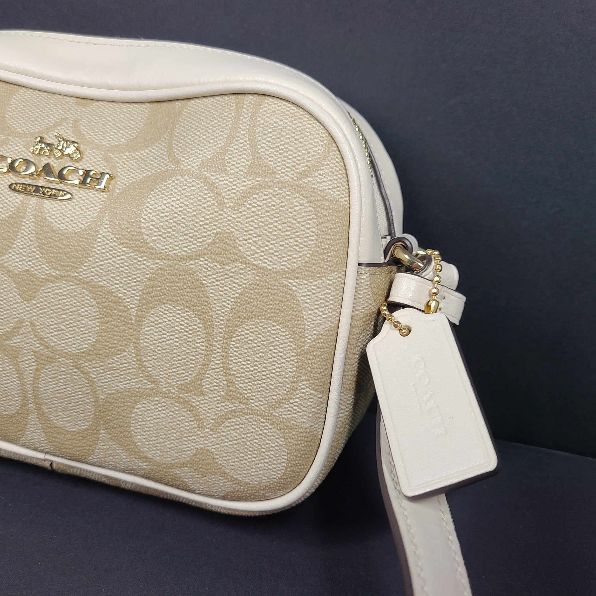 Coach Mini Jamie Camera Bag In Signature Canvas Crossbody Strap Monogram Beige