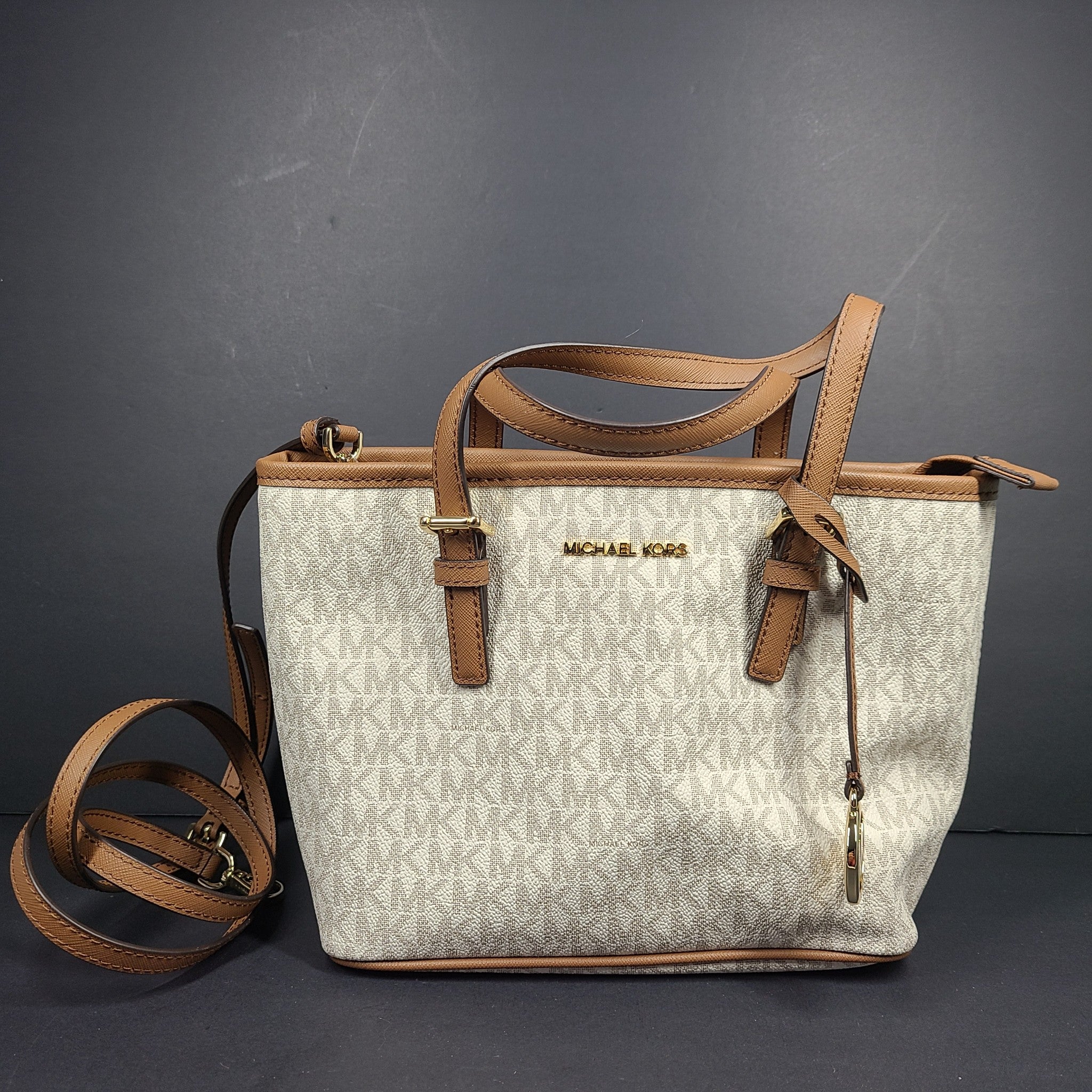 Michael Kors Jet Set Travel Extra-Small Logo Top-Zip Tote Crossbody Bag Beige