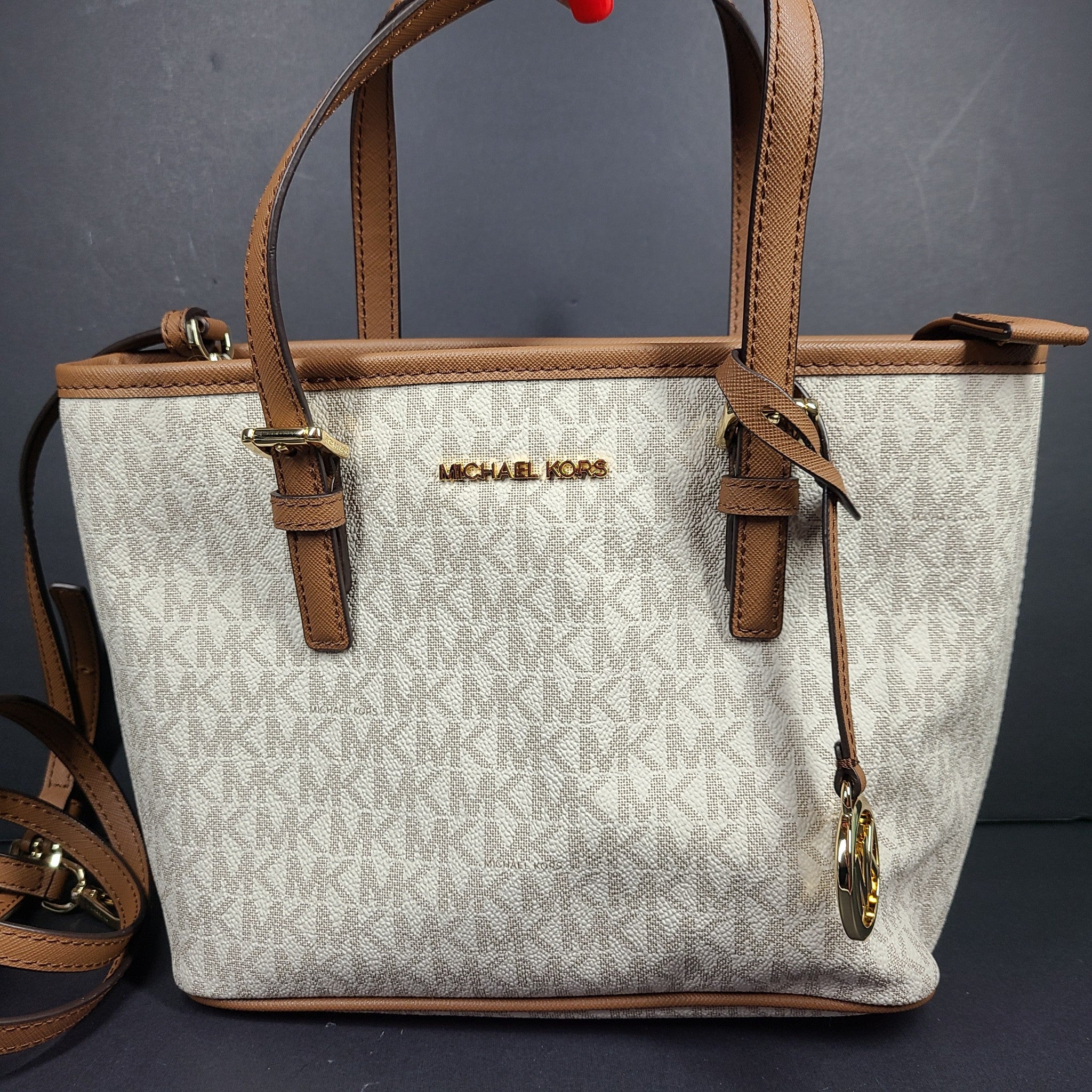 Michael Kors Jet Set Travel Extra-Small Logo Top-Zip Tote Crossbody Bag Beige