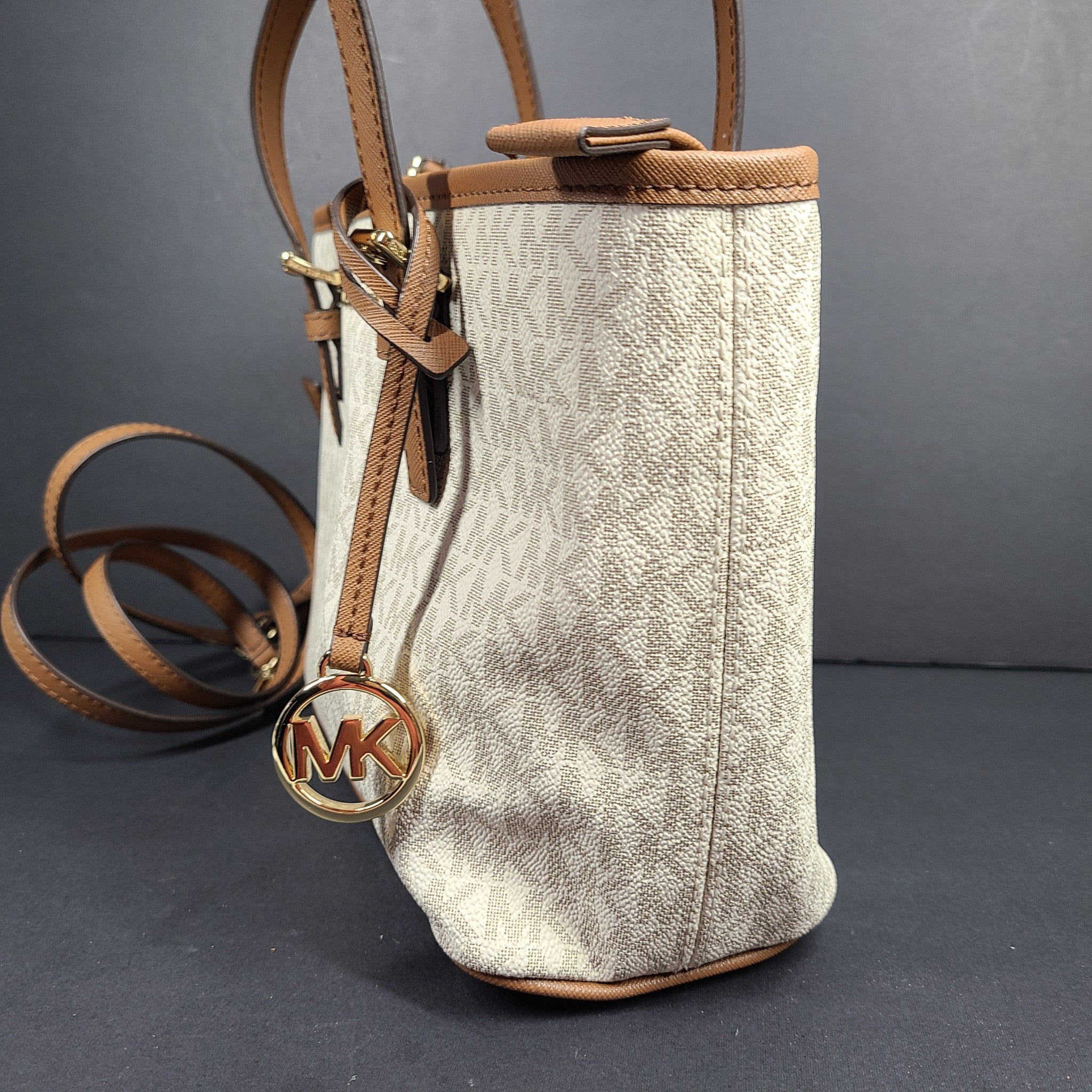 Michael Kors Jet Set Travel Extra-Small Logo Top-Zip Tote Crossbody Bag Beige