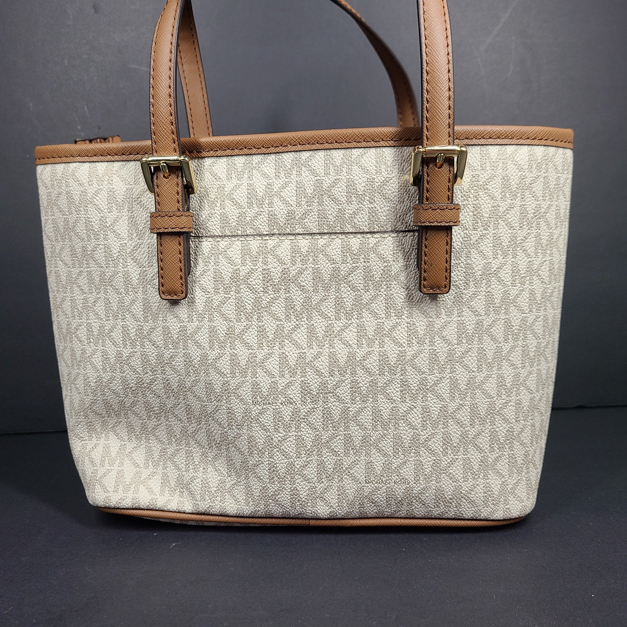 Michael Kors Jet Set Travel Extra-Small Logo Top-Zip Tote Crossbody Bag Beige