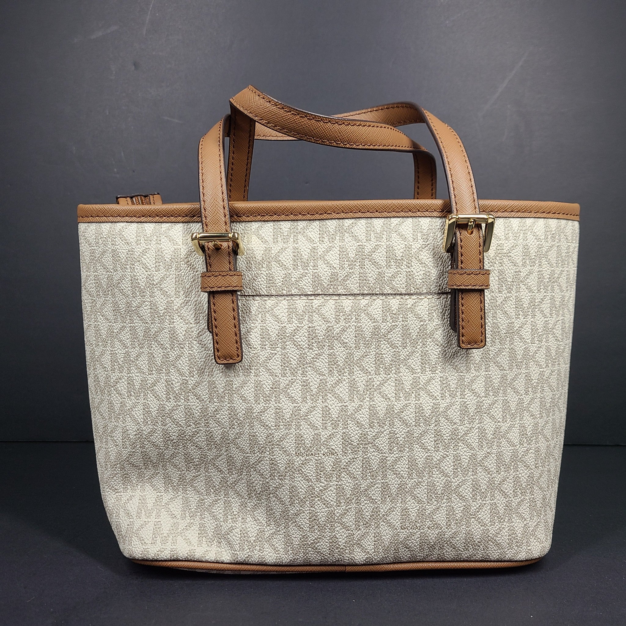 Michael Kors Jet Set Travel Extra-Small Logo Top-Zip Tote Crossbody Bag Beige