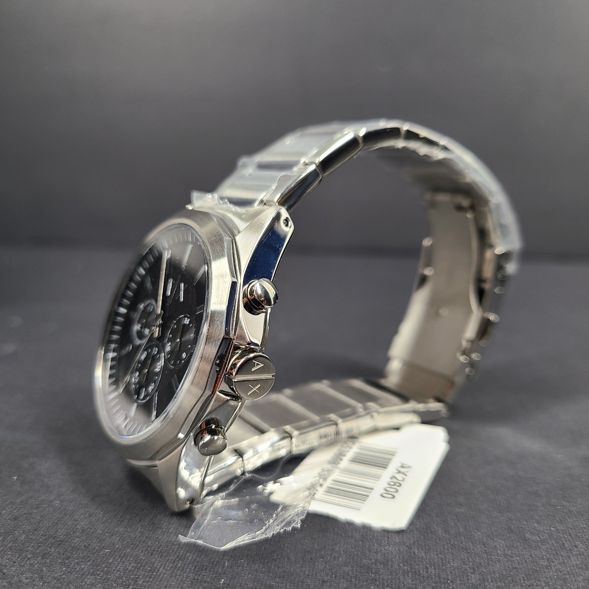 Armani Exchange Chronograph Steel Watch 44 mm Silver Tone Black Dial AX2600 NIB