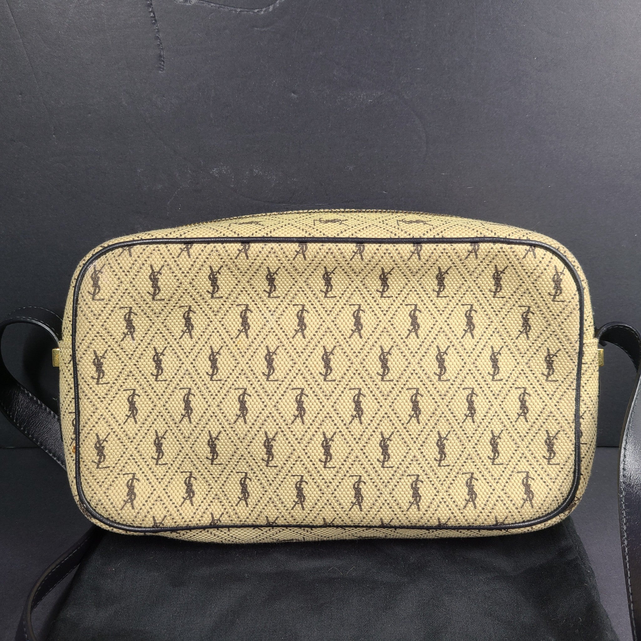 Saint Laurent Canvas Monogram All Over Camera Bag Leather Lining Crossbody Beige