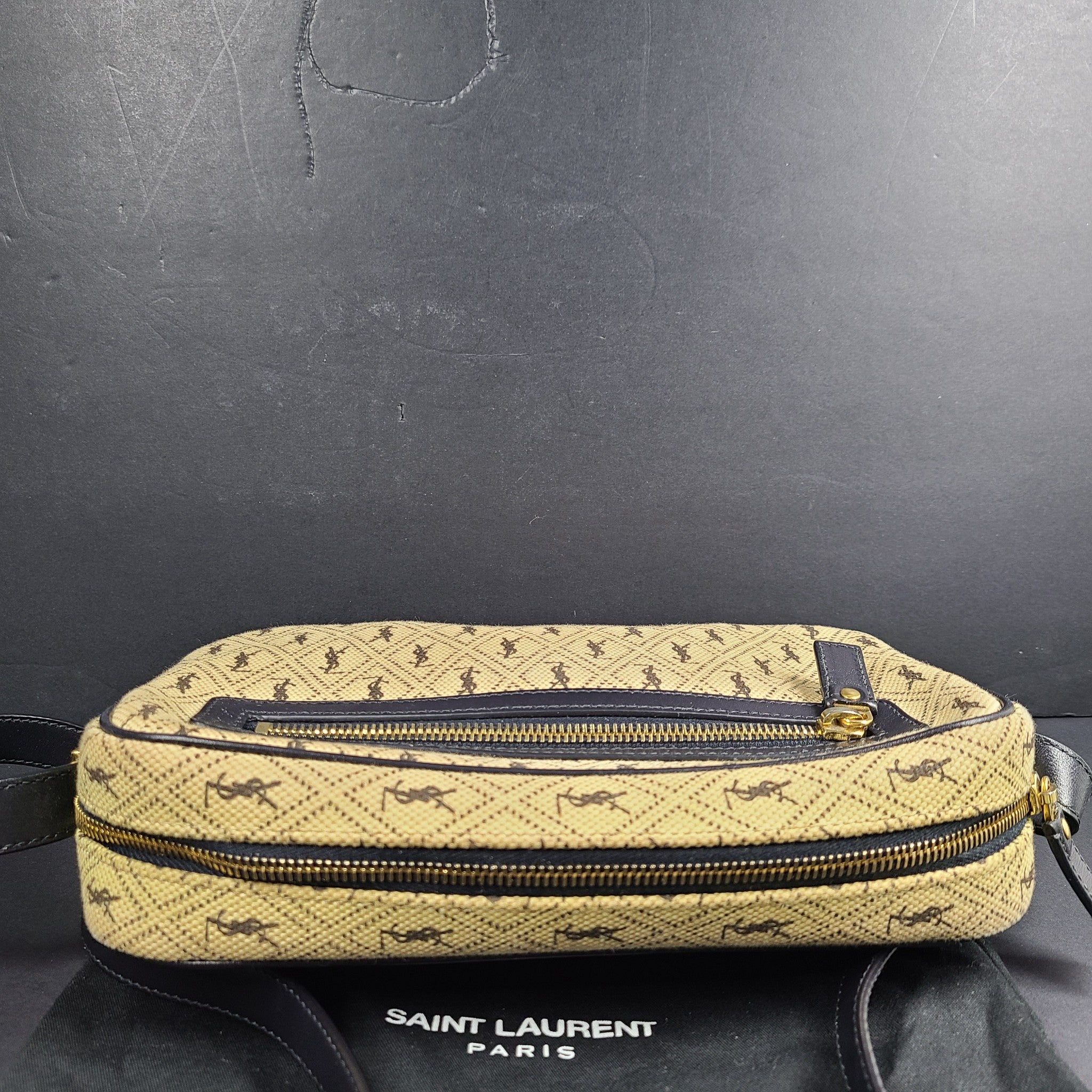 Saint Laurent Canvas Monogram All Over Camera Bag Leather Lining Crossbody Beige