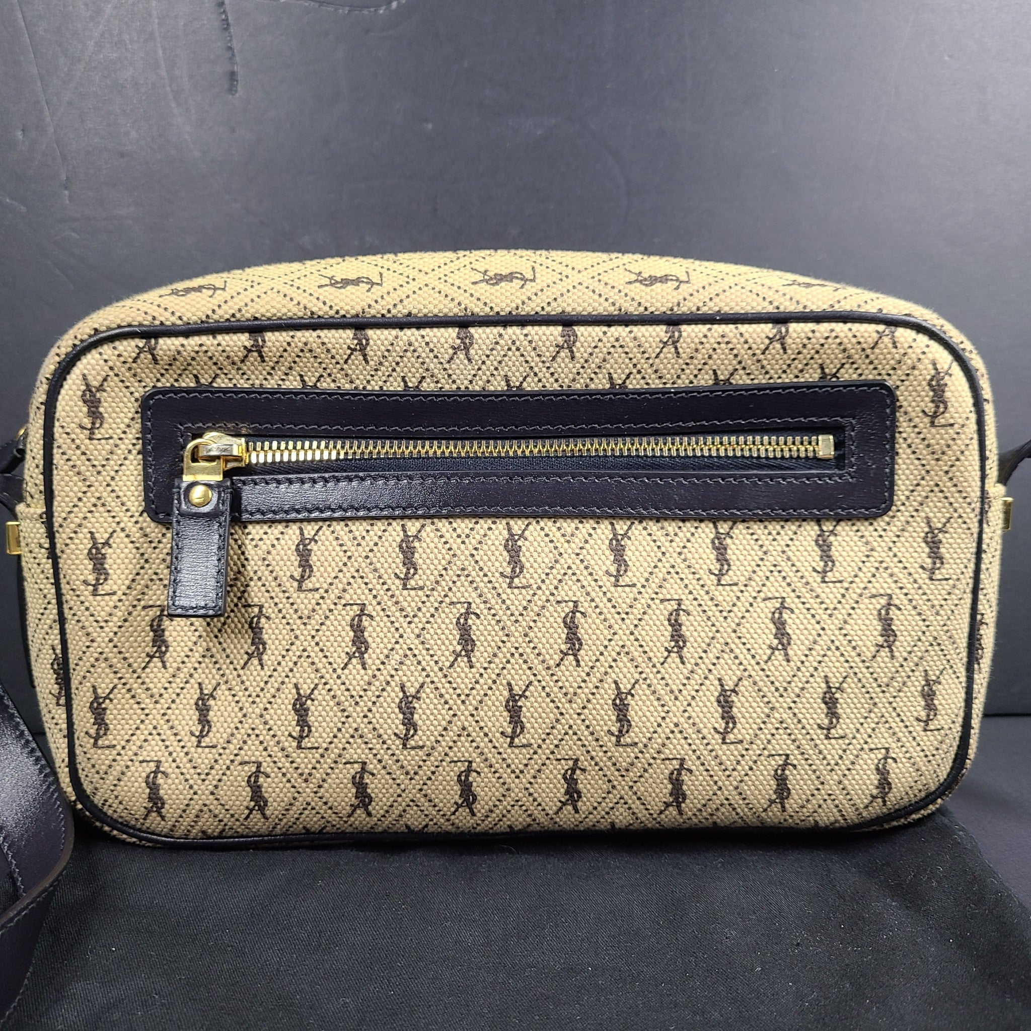 Saint Laurent Canvas Monogram All Over Camera Bag Leather Lining Crossbody Beige