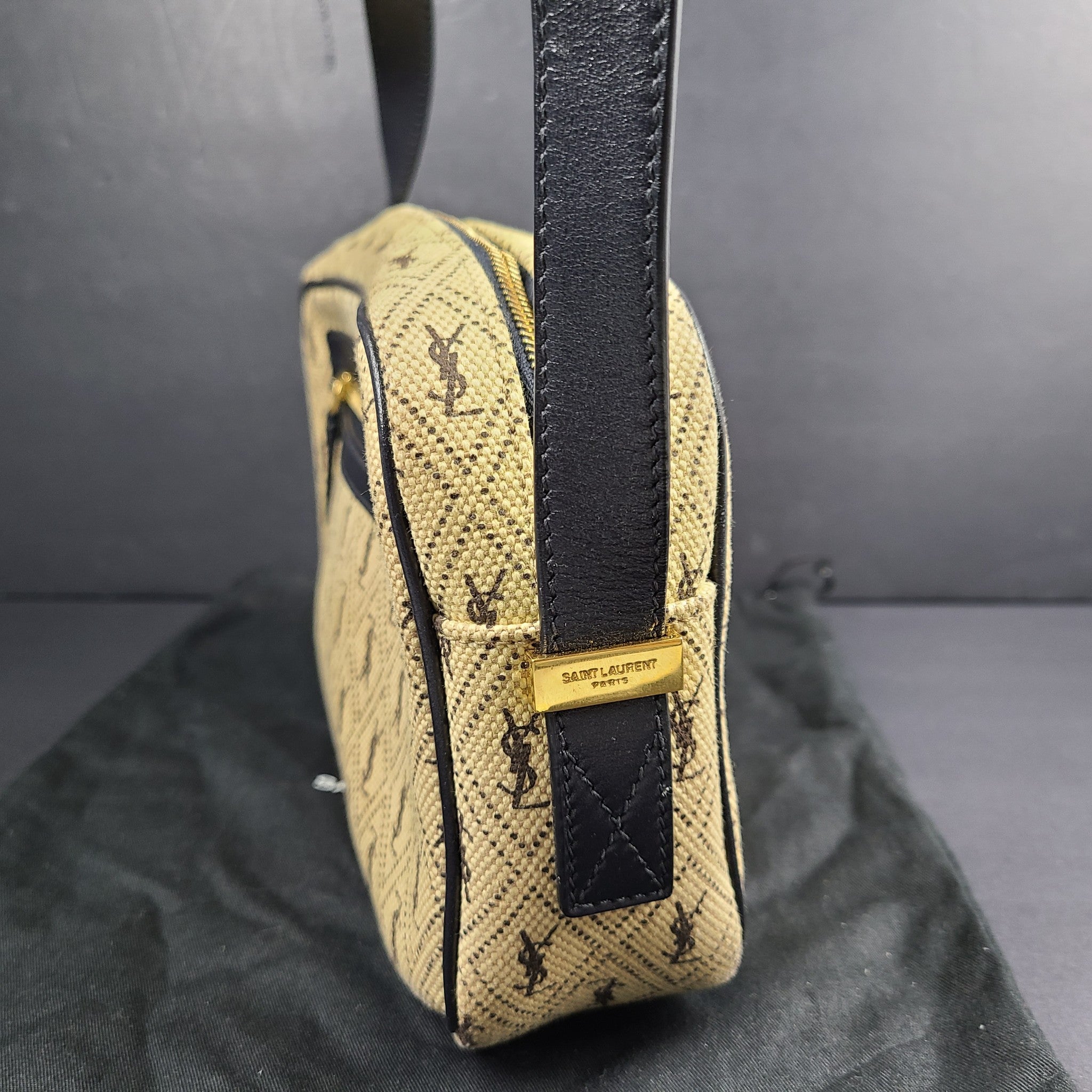 Saint Laurent Canvas Monogram All Over Camera Bag Leather Lining Crossbody Beige