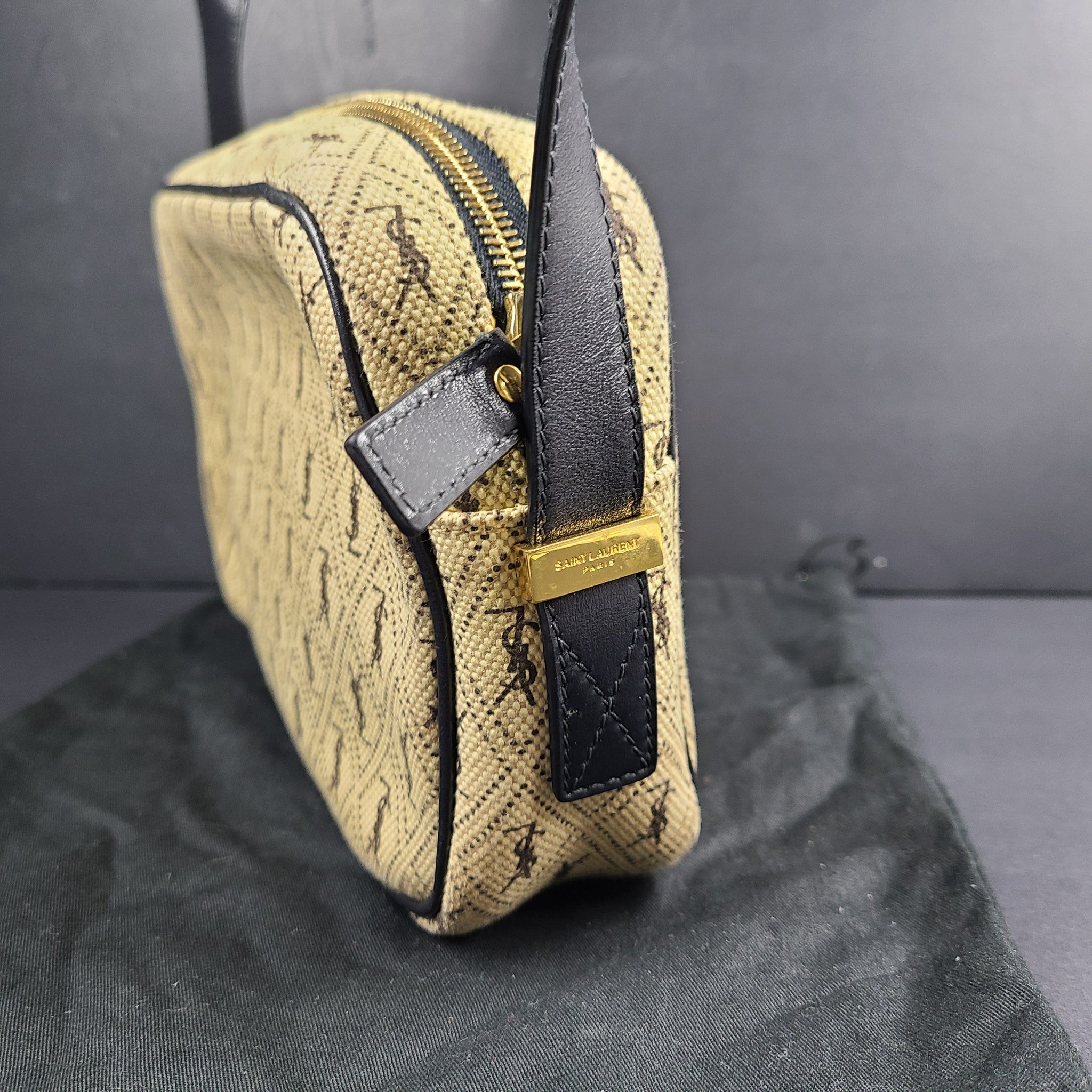 Saint Laurent Canvas Monogram All Over Camera Bag Leather Lining Crossbody Beige