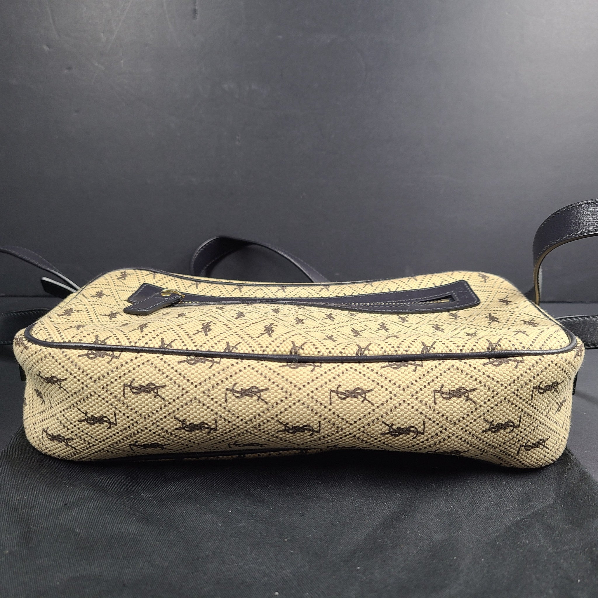 Saint Laurent Canvas Monogram All Over Camera Bag Leather Lining Crossbody Beige