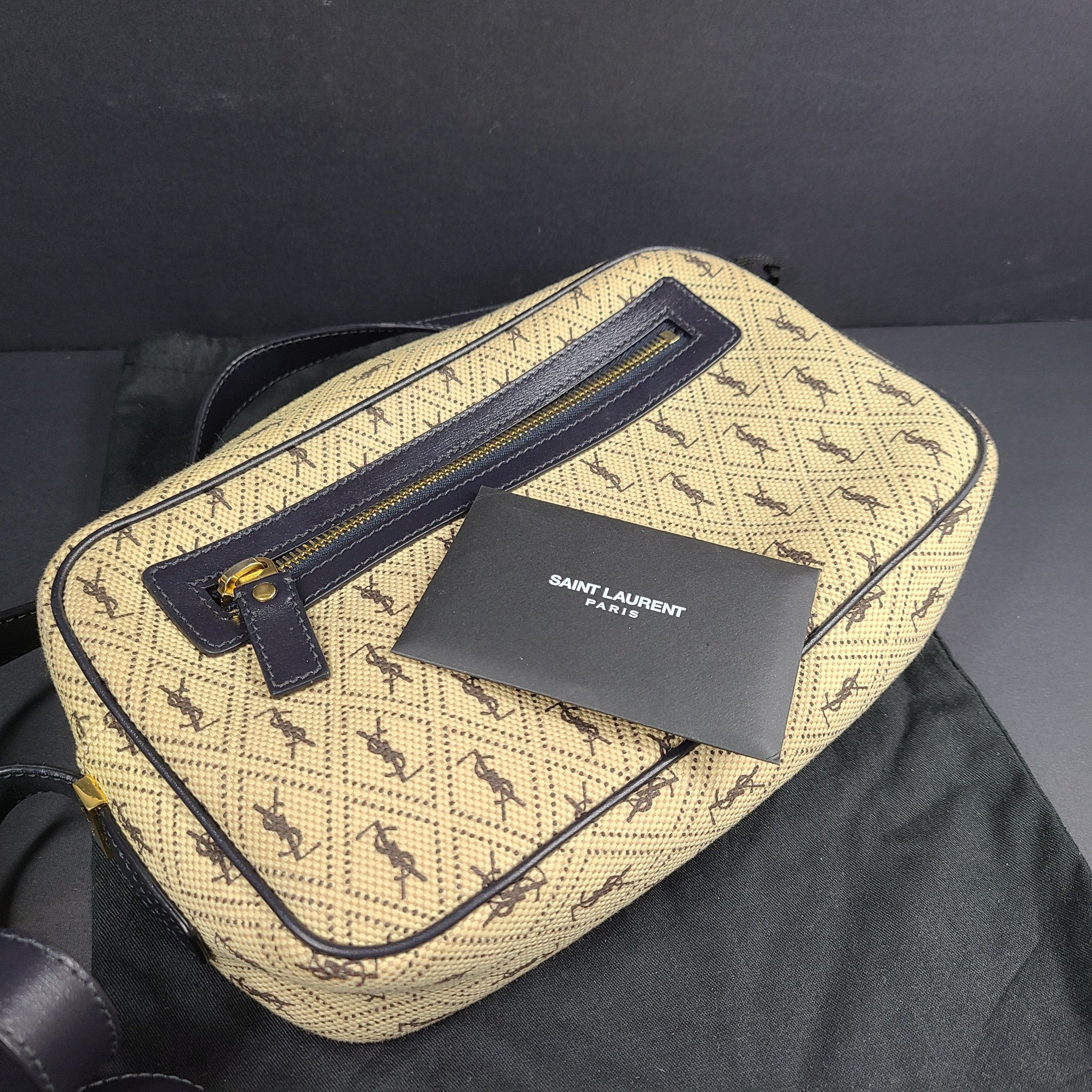Saint Laurent Canvas Monogram All Over Camera Bag Leather Lining Crossbody Beige
